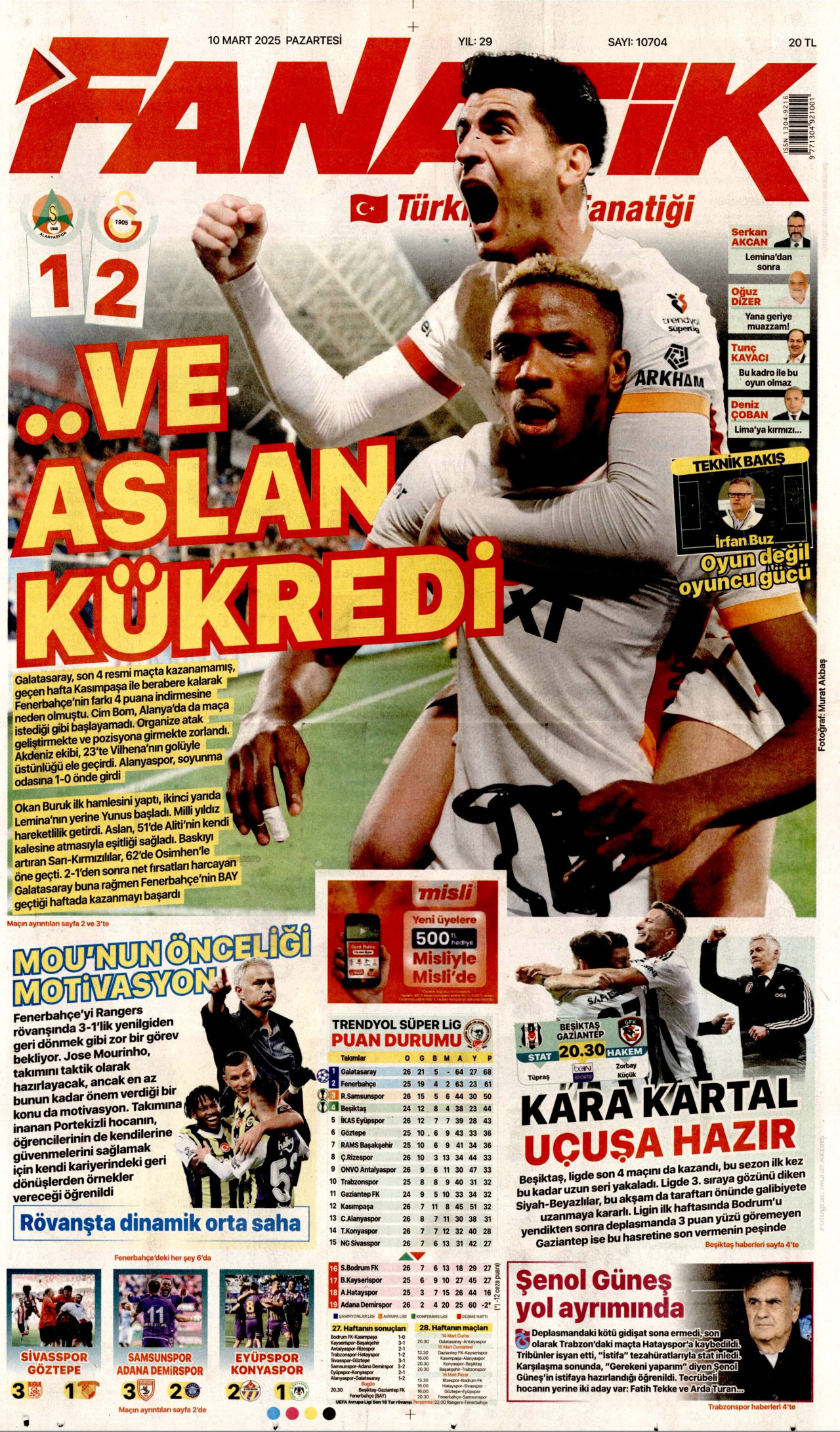 FANATİK gazetesinin 10 Mart 2025 tarihli birinci sayfası