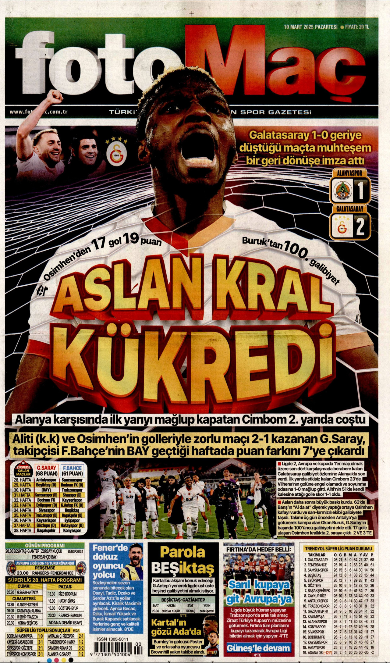 FOTOMAÇ gazetesinin 10 Mart 2025 tarihli birinci sayfası