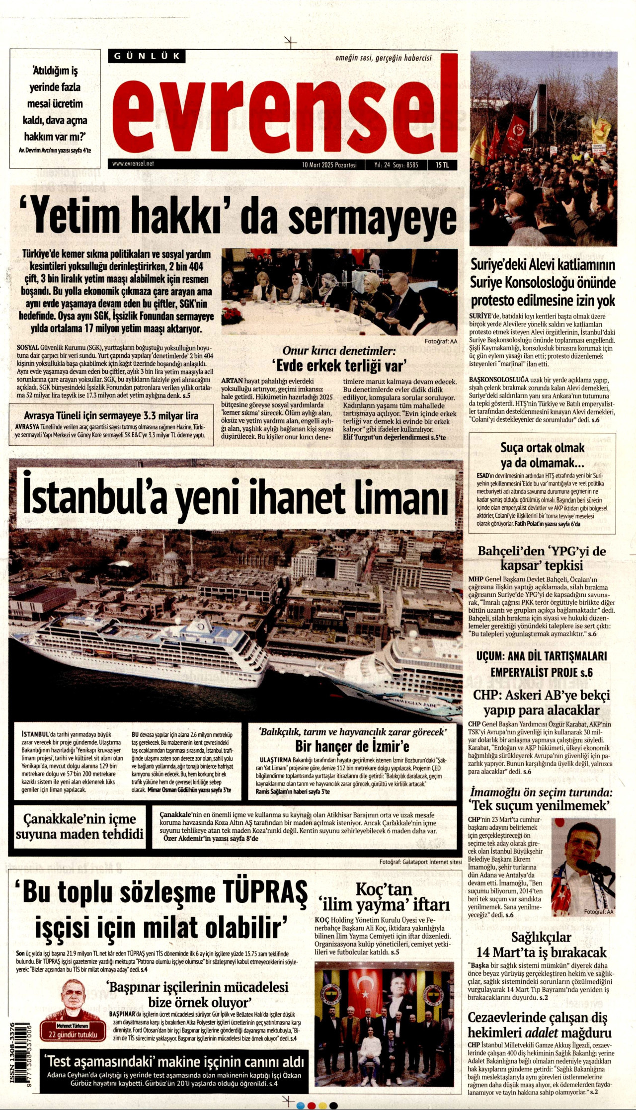 EVRENSEL gazetesinin 10 Mart 2025 tarihli birinci sayfası