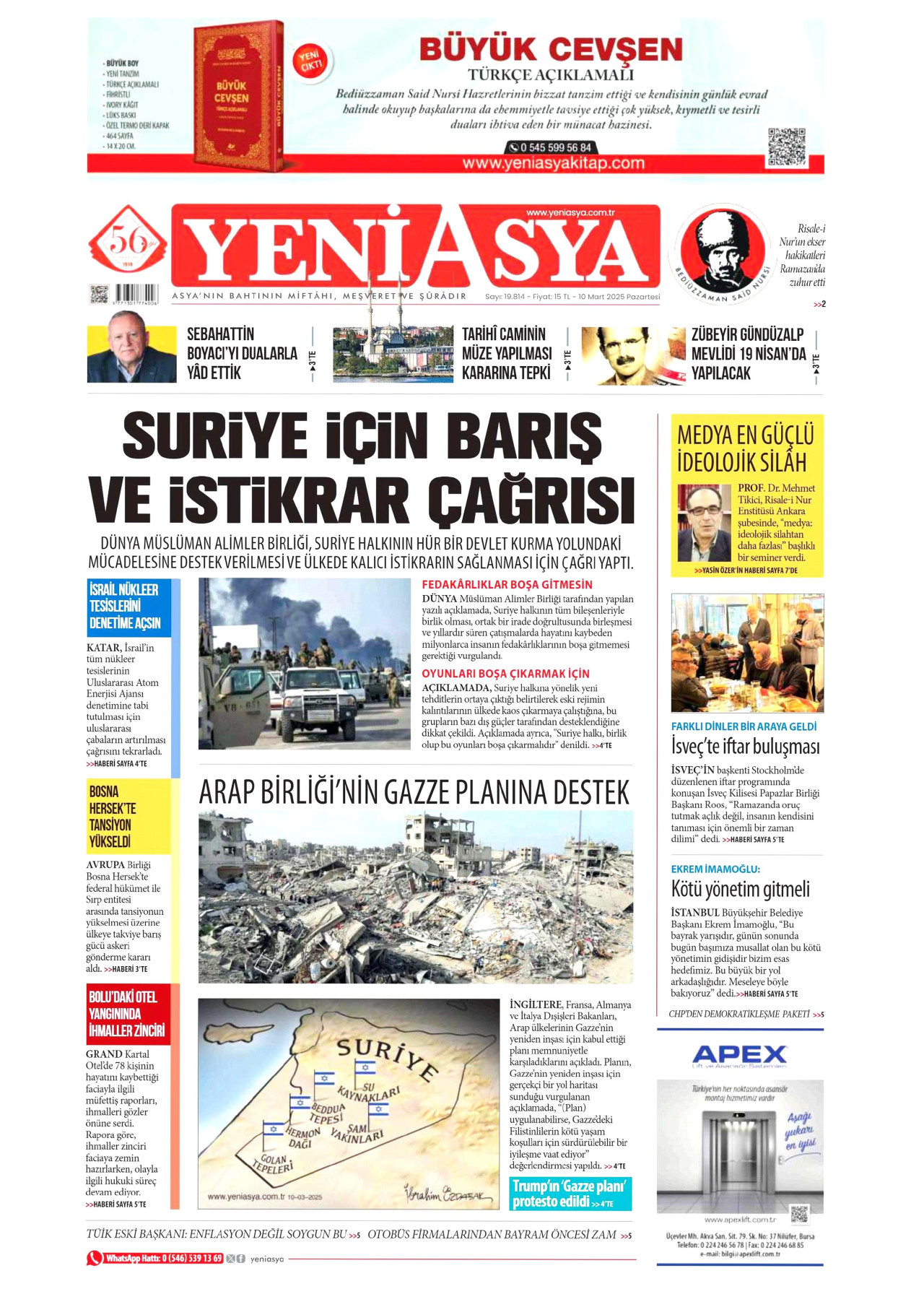 YENİ ASYA gazetesinin 10 Mart 2025 tarihli birinci sayfası