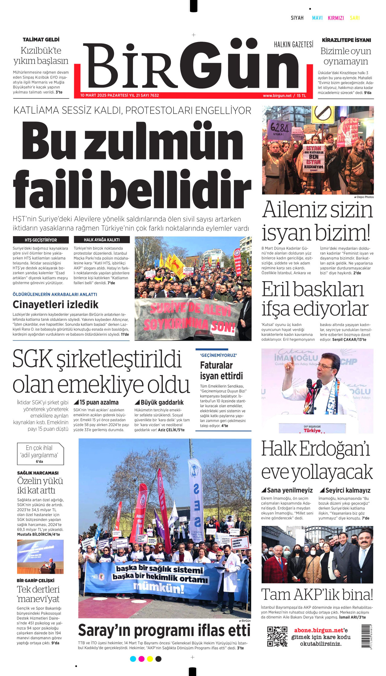 BİRGÜN gazetesinin 10 Mart 2025 tarihli birinci sayfası