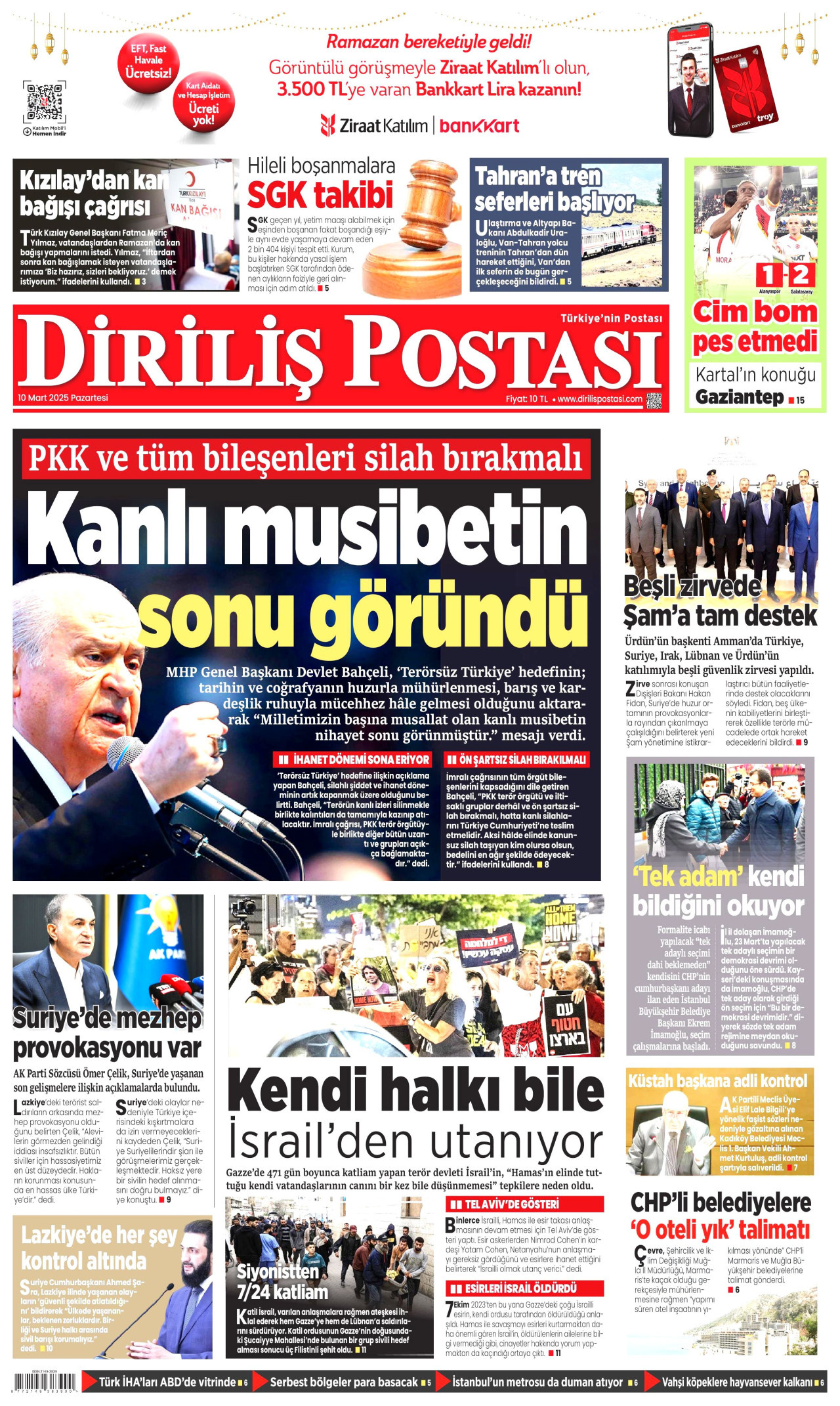 DİRİLİŞ POSTASI gazetesinin 10 Mart 2025 tarihli birinci sayfası