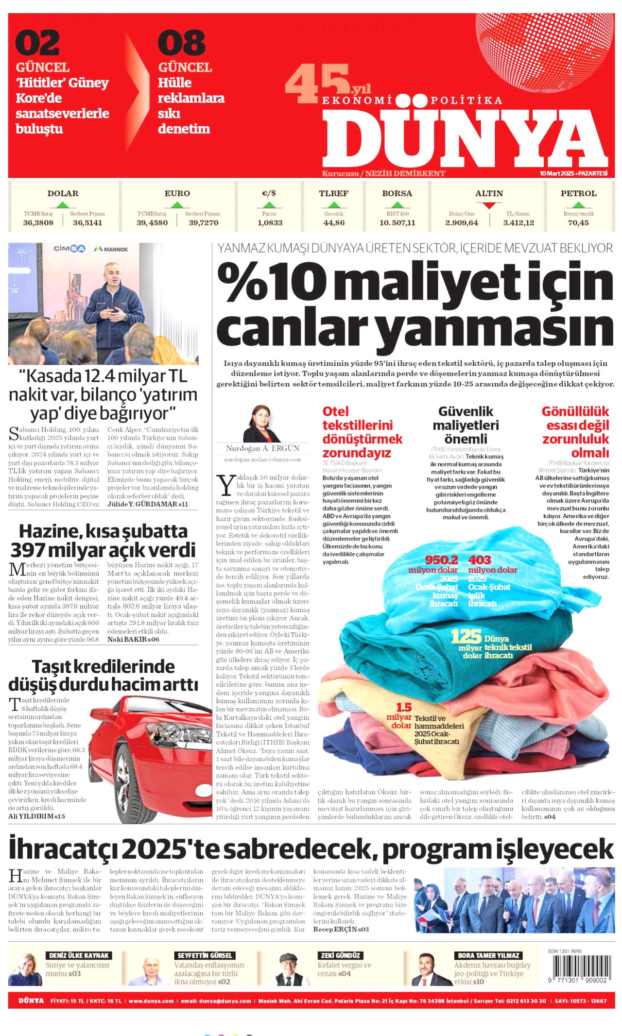 DÜNYA gazetesinin 10 Mart 2025 tarihli birinci sayfası