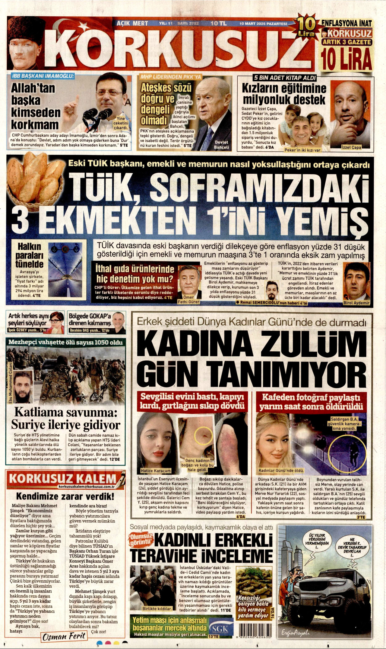 KORKUSUZ gazetesinin 10 Mart 2025 tarihli birinci sayfası
