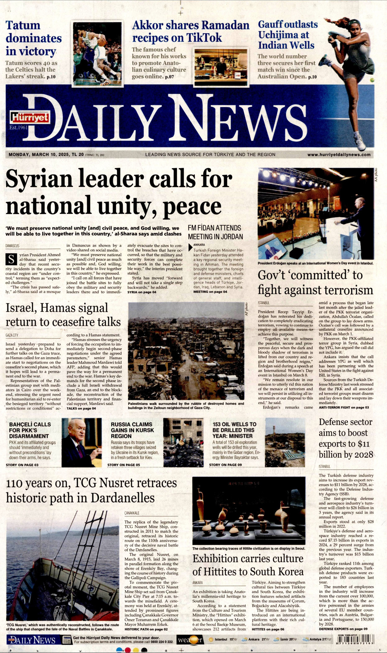 HÜRRİYET DAİLY NEWS gazetesinin 10 Mart 2025 tarihli birinci sayfası