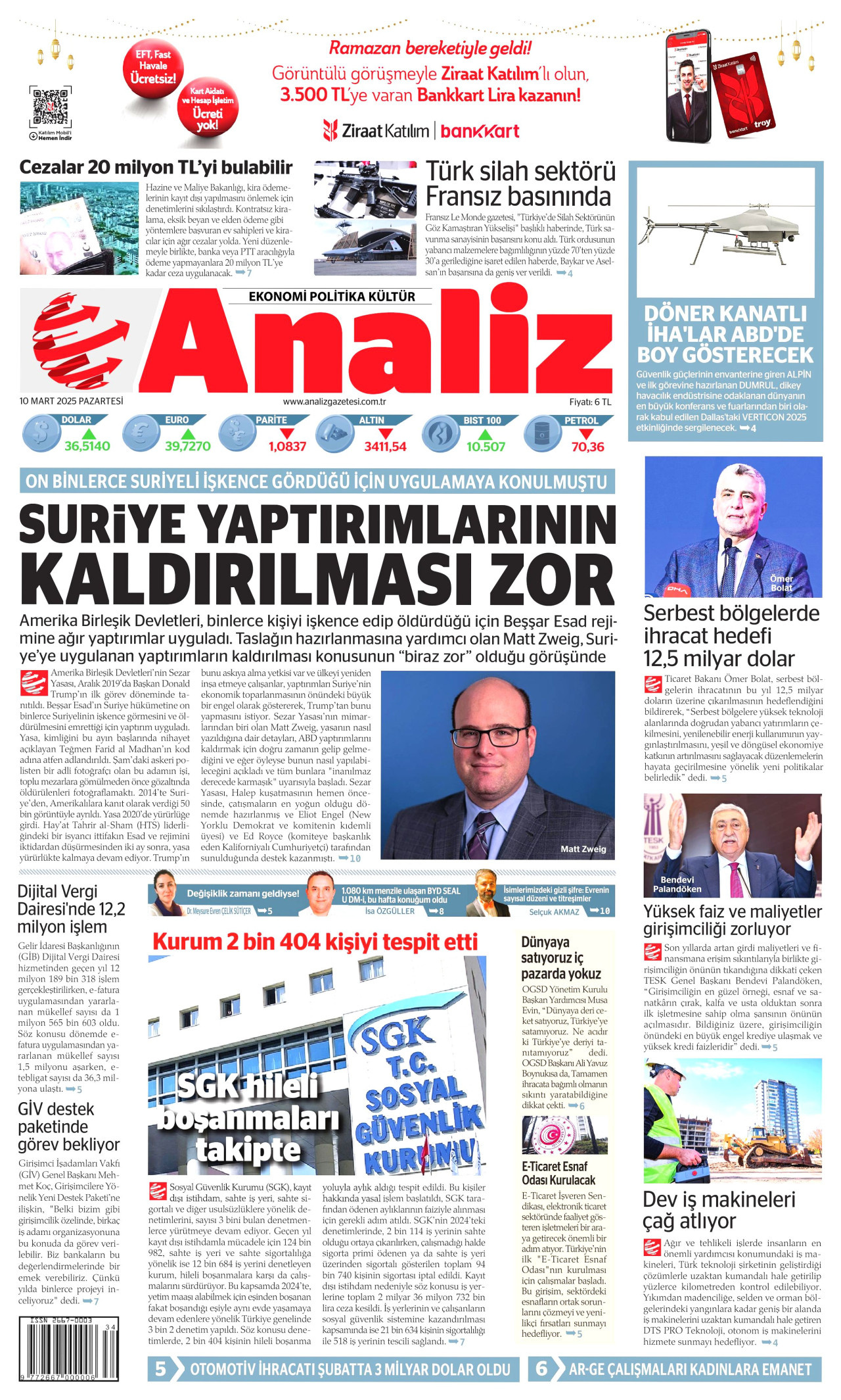 ANALİZ gazetesinin 10 Mart 2025 tarihli birinci sayfası