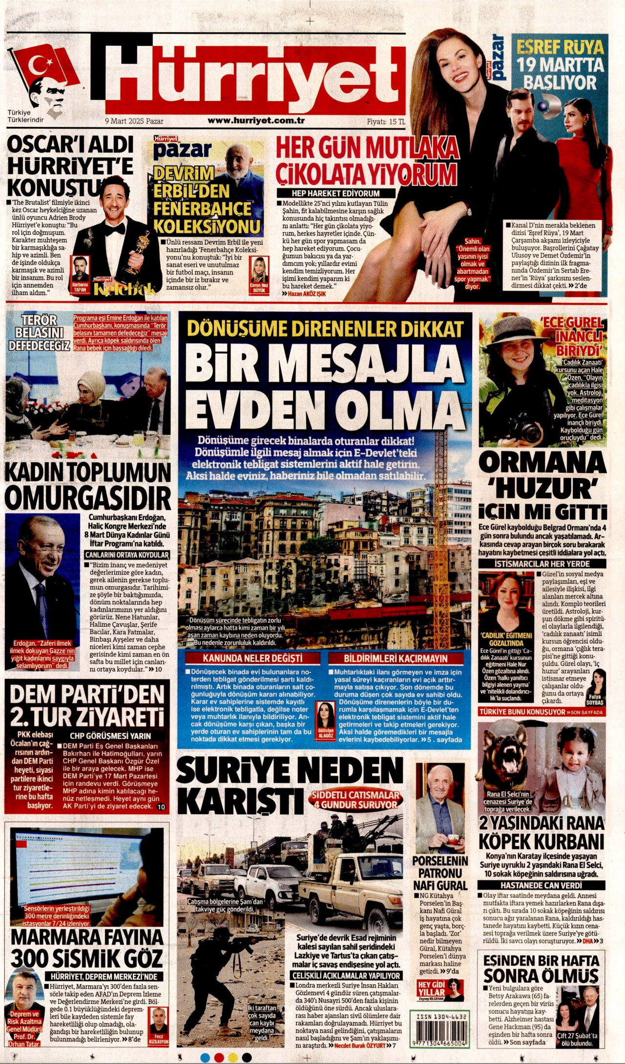HÜRRİYET gazetesinin 9 Mart 2025 tarihli birinci sayfası