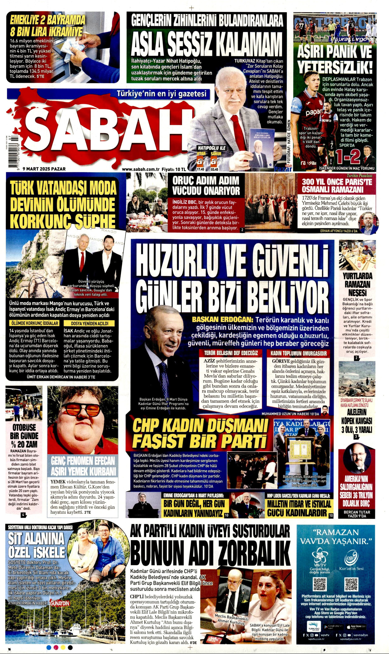 SABAH gazetesinin 9 Mart 2025 tarihli birinci sayfası