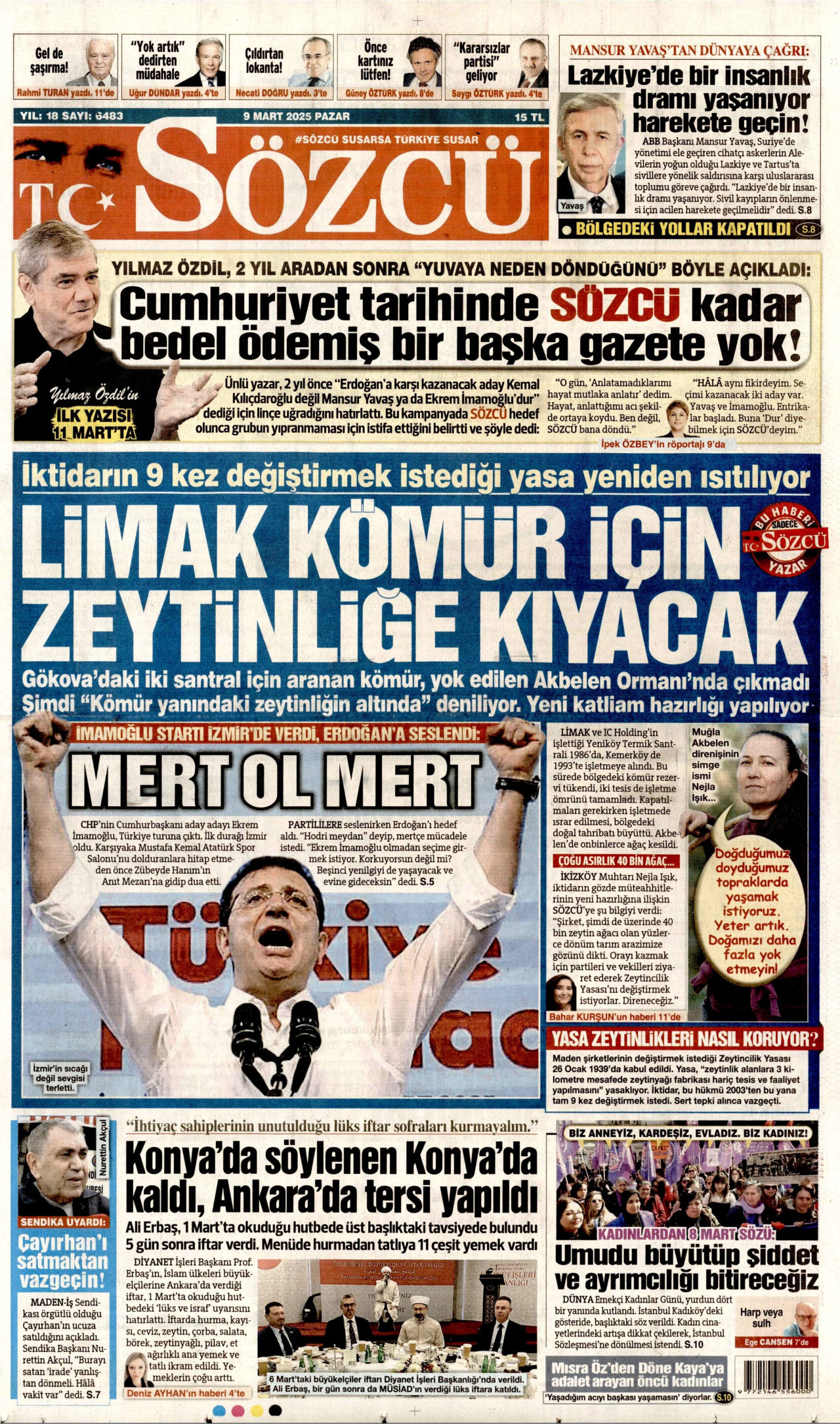 SÖZCÜ gazetesinin 9 Mart 2025 tarihli birinci sayfası