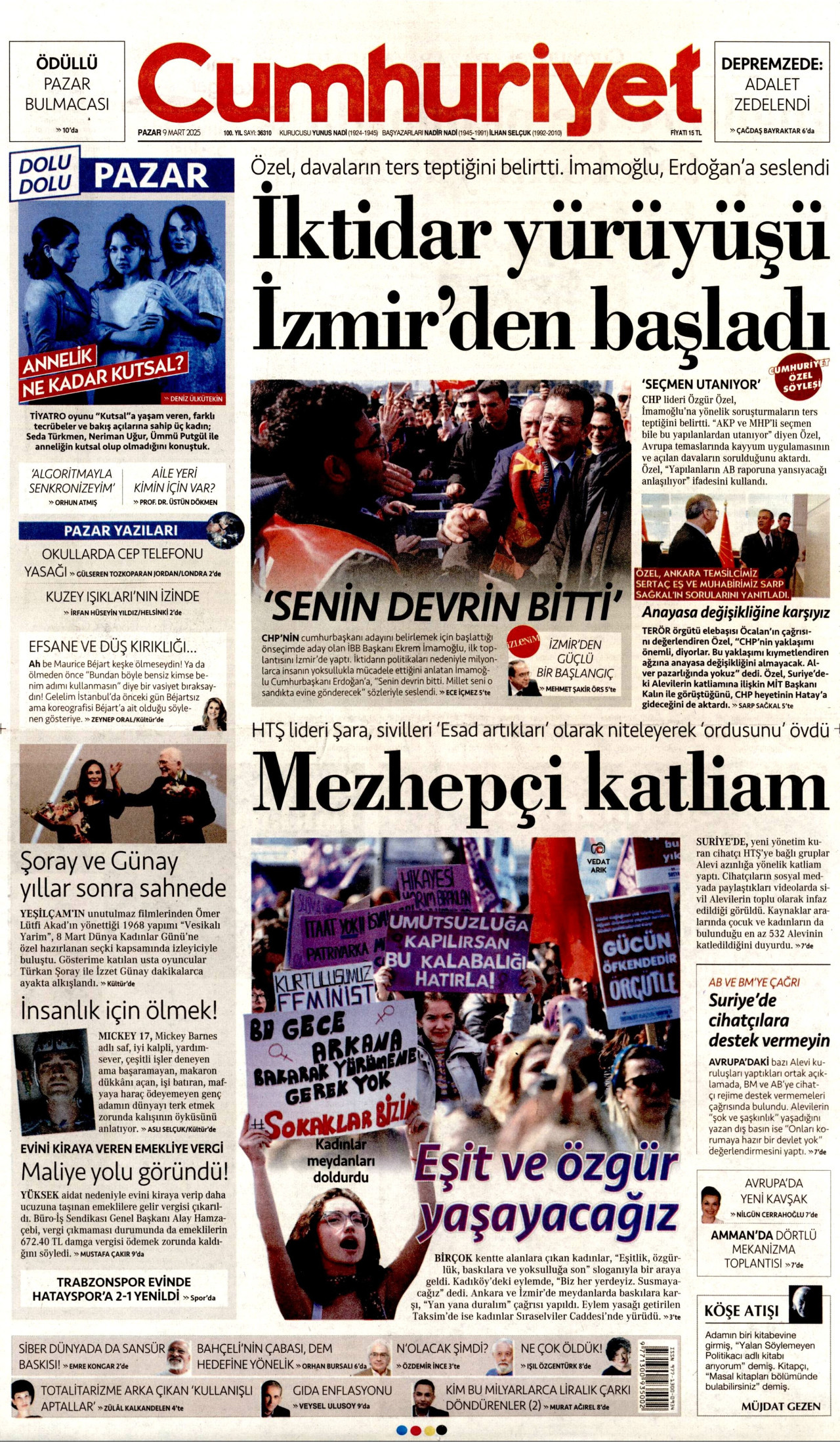CUMHURİYET gazetesinin 9 Mart 2025 tarihli birinci sayfası