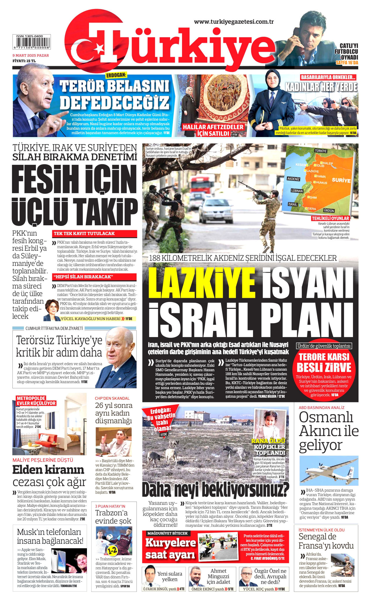 TÜRKİYE GAZETESİ gazetesinin 9 Mart 2025 tarihli birinci sayfası