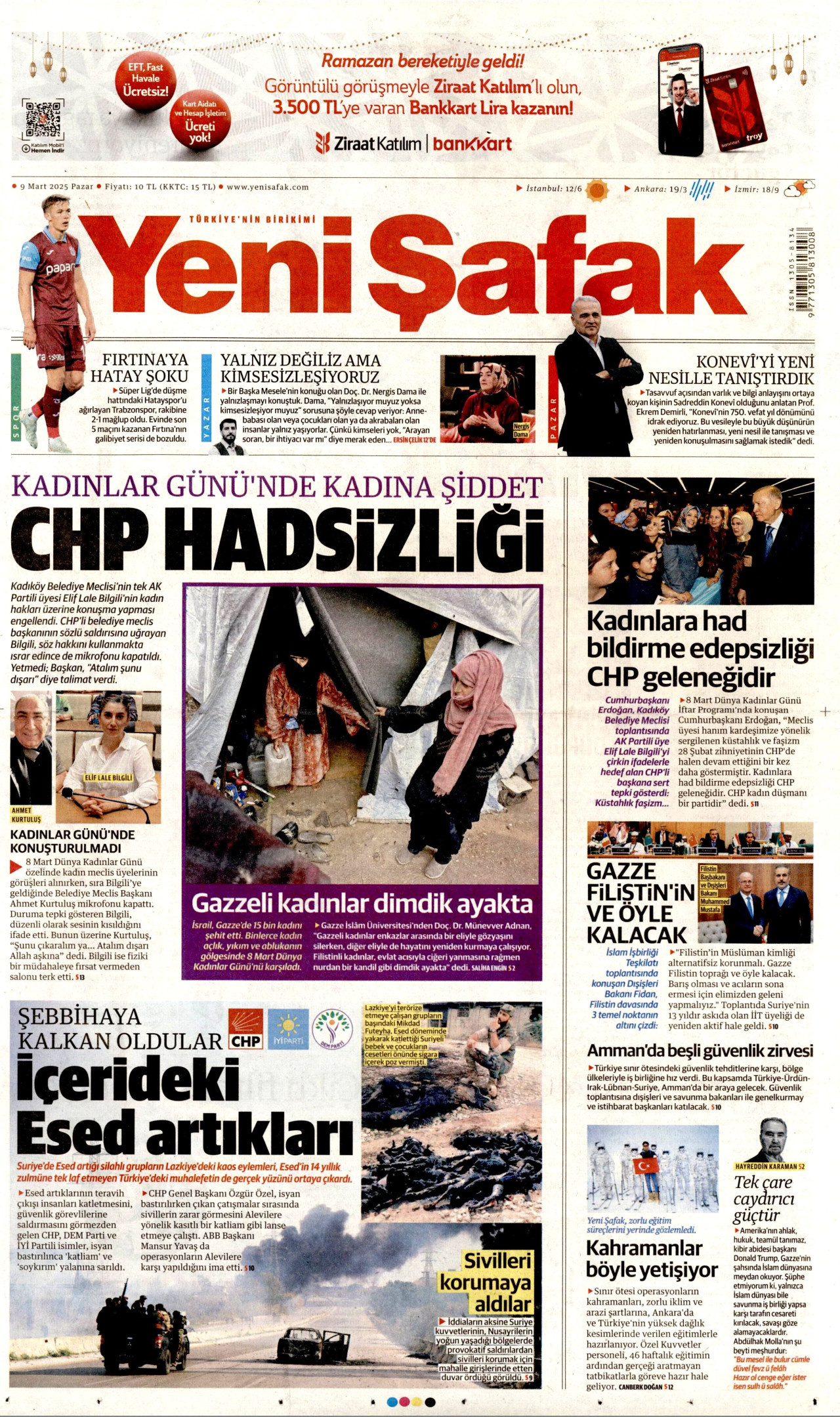YENİ ŞAFAK gazetesinin 9 Mart 2025 tarihli birinci sayfası