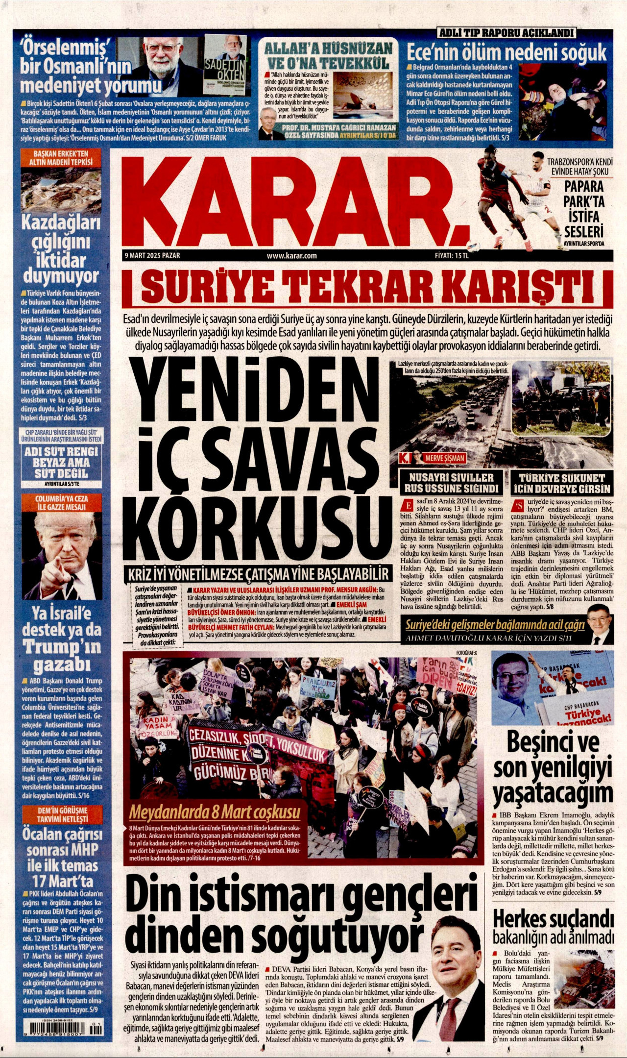 KARAR gazetesinin 9 Mart 2025 tarihli birinci sayfası