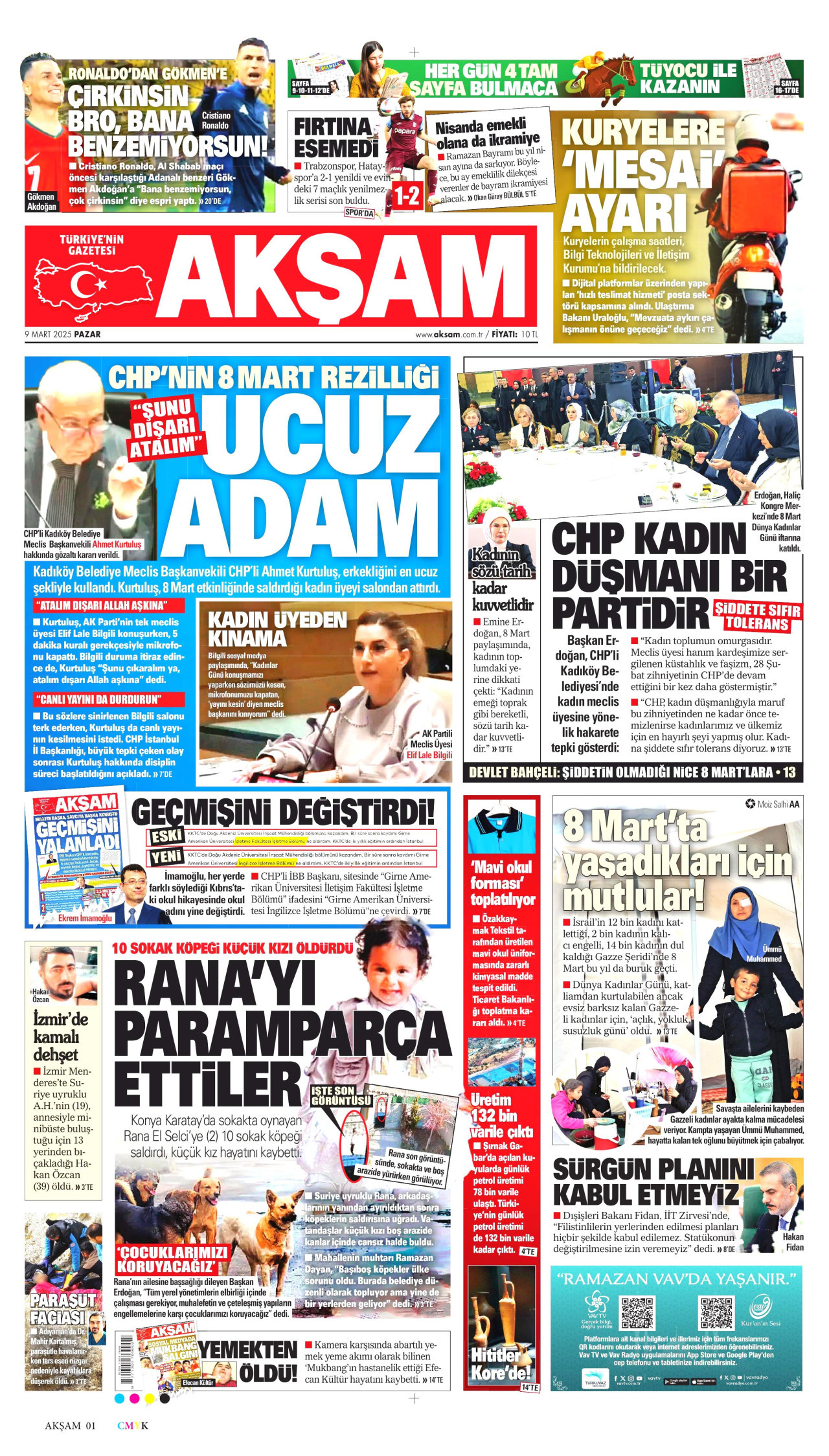 AKŞAM gazetesinin 9 Mart 2025 tarihli birinci sayfası