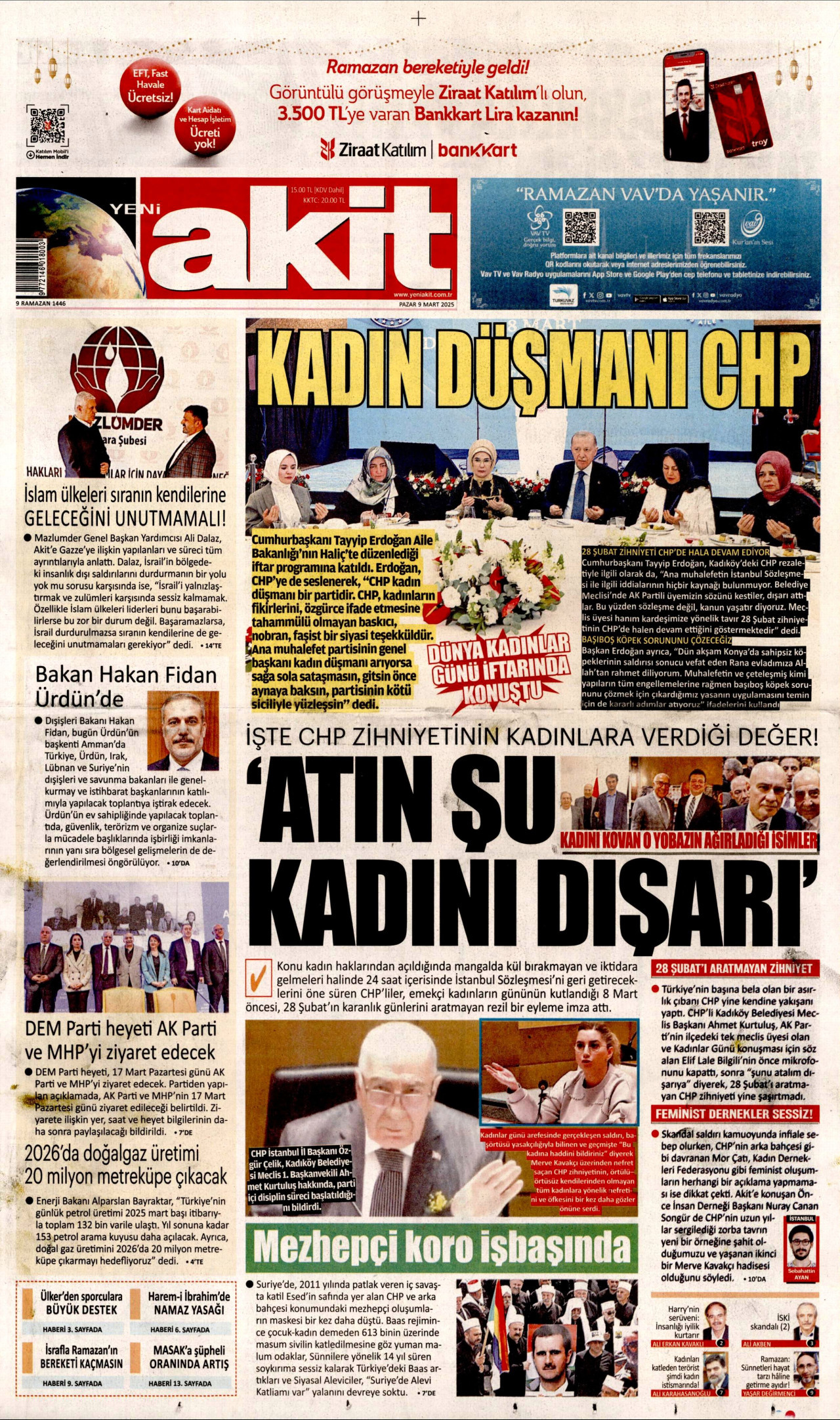 YENİ AKİT gazetesinin 9 Mart 2025 tarihli birinci sayfası