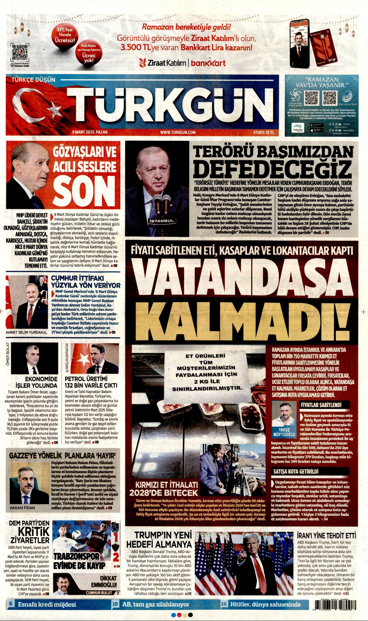 TÜRKGÜN gazetesinin 9 Mart 2025 tarihli birinci sayfası