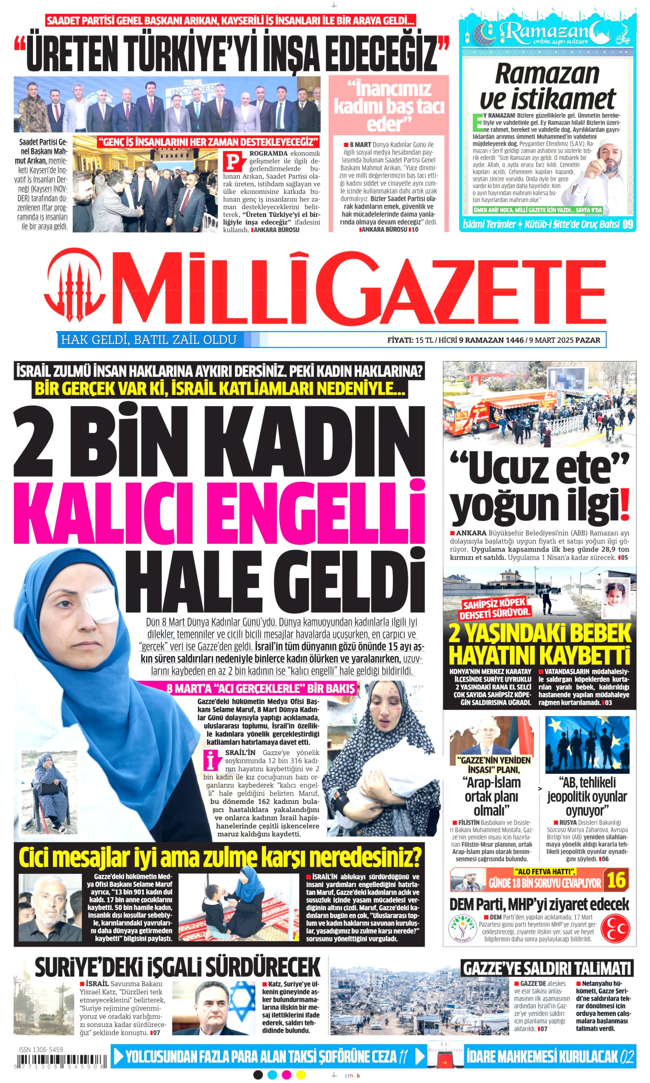 MİLLİ GAZETE gazetesinin 9 Mart 2025 tarihli birinci sayfası