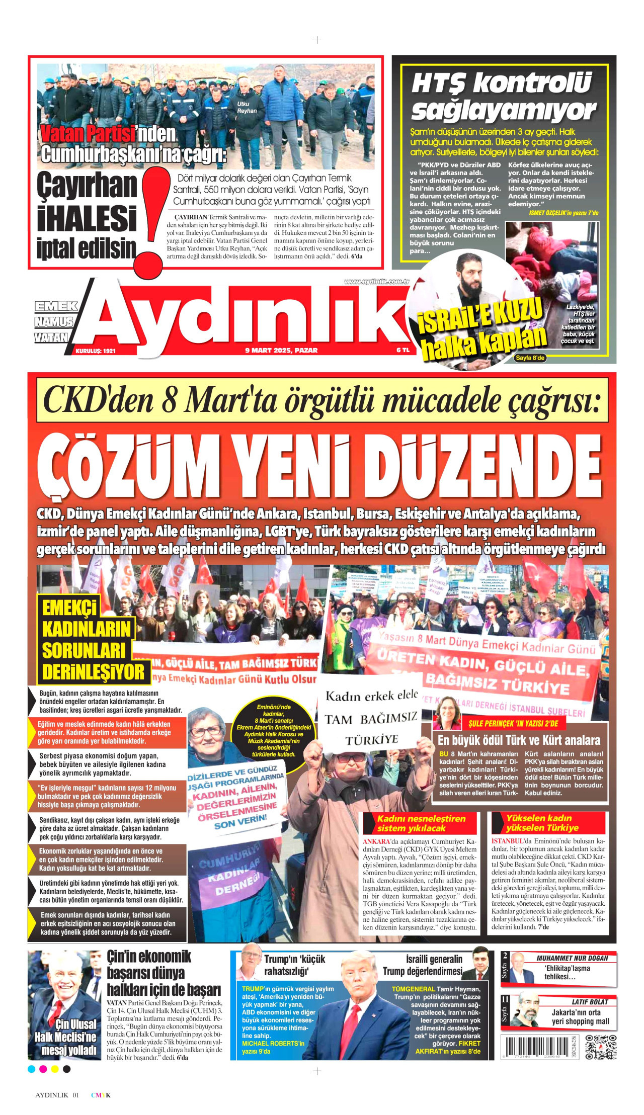 AYDINLIK GAZETESİ gazetesinin 9 Mart 2025 tarihli birinci sayfası