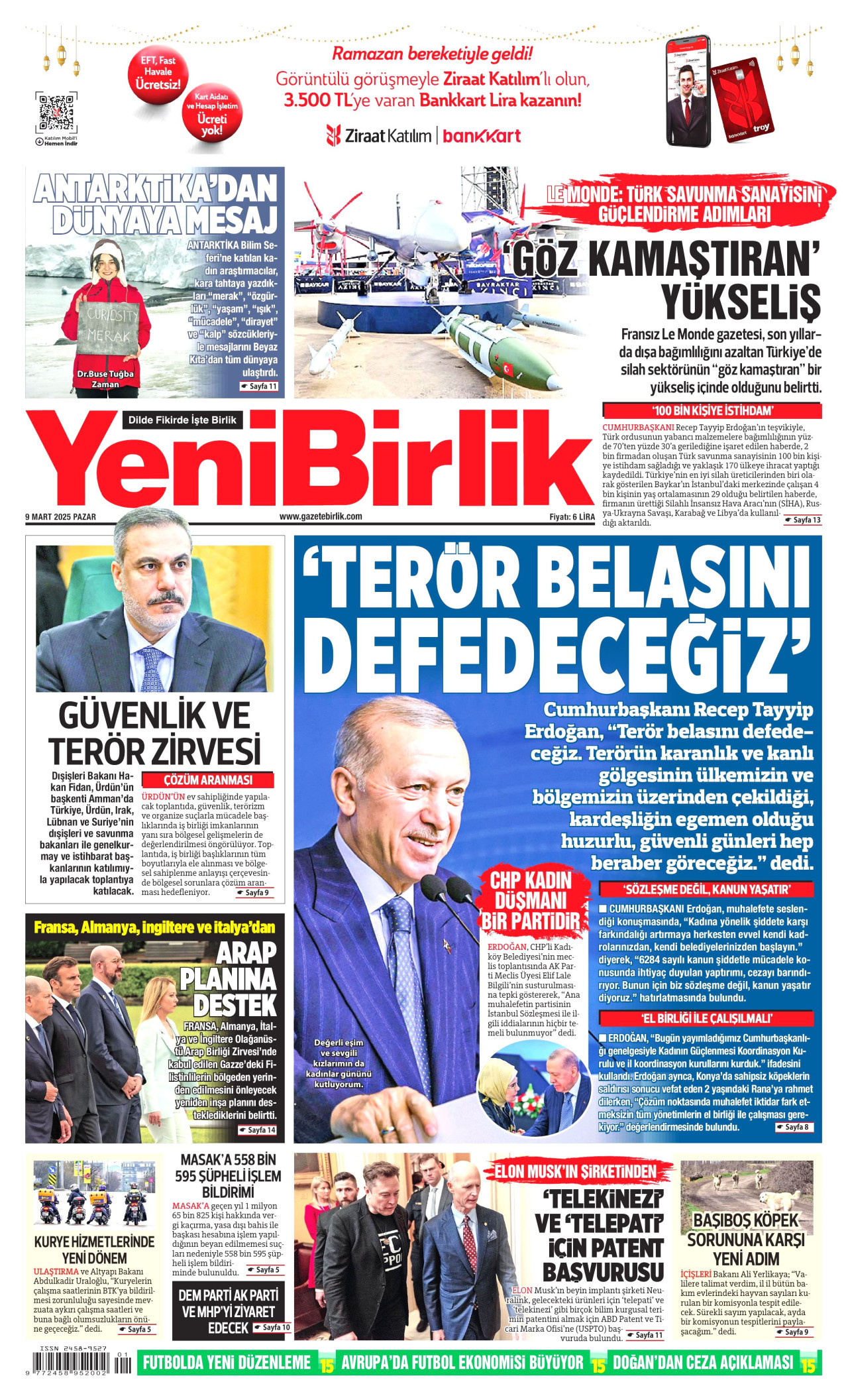 YENİBİRLİK gazetesinin 9 Mart 2025 tarihli birinci sayfası