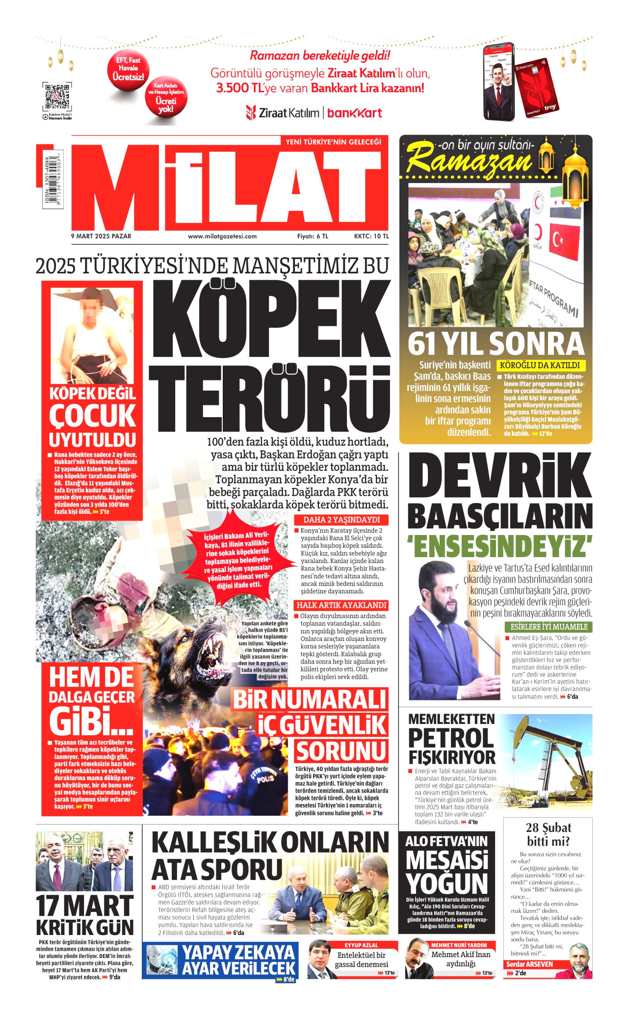 MİLAT gazetesinin 9 Mart 2025 tarihli birinci sayfası