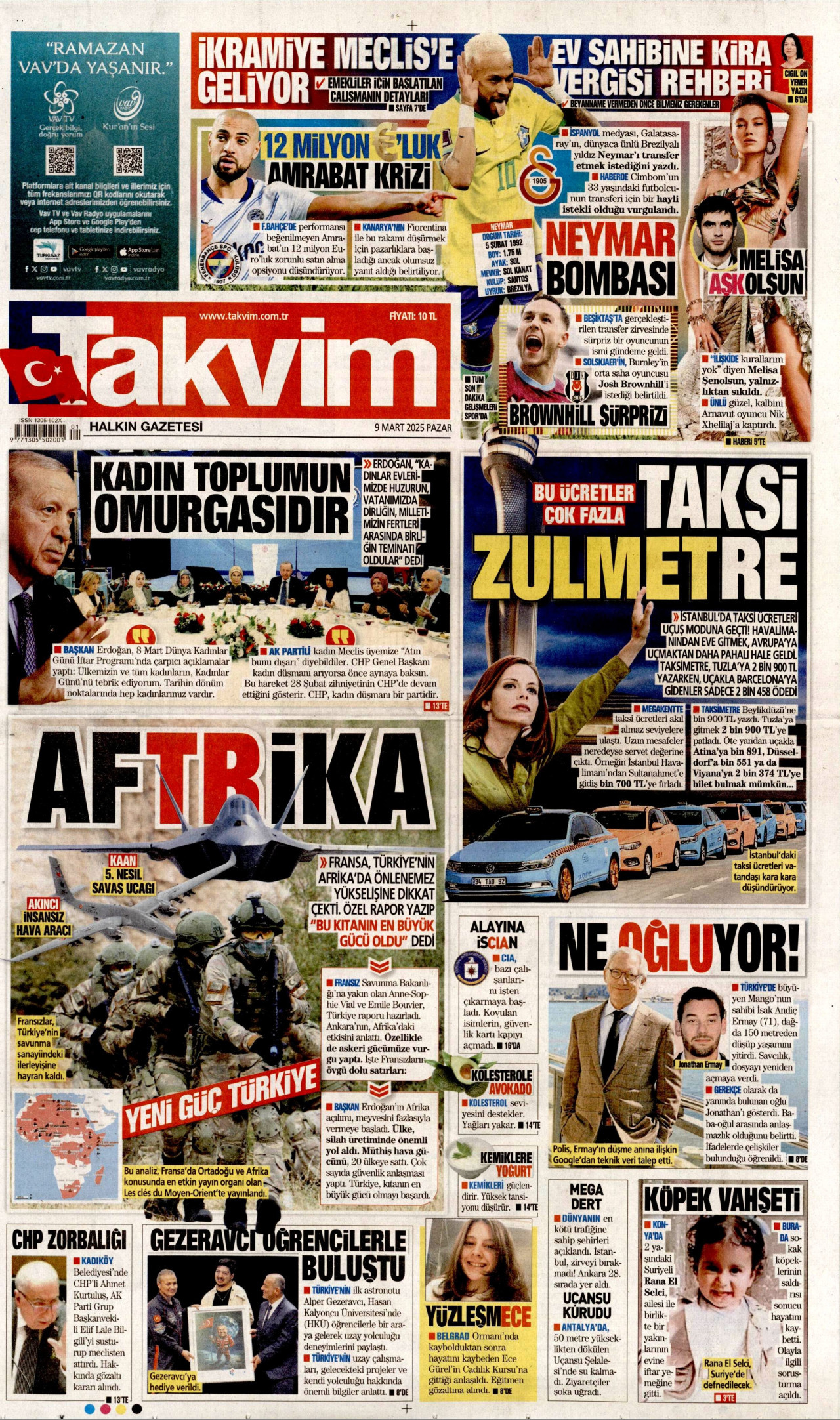 TAKVİM gazetesinin 9 Mart 2025 tarihli birinci sayfası