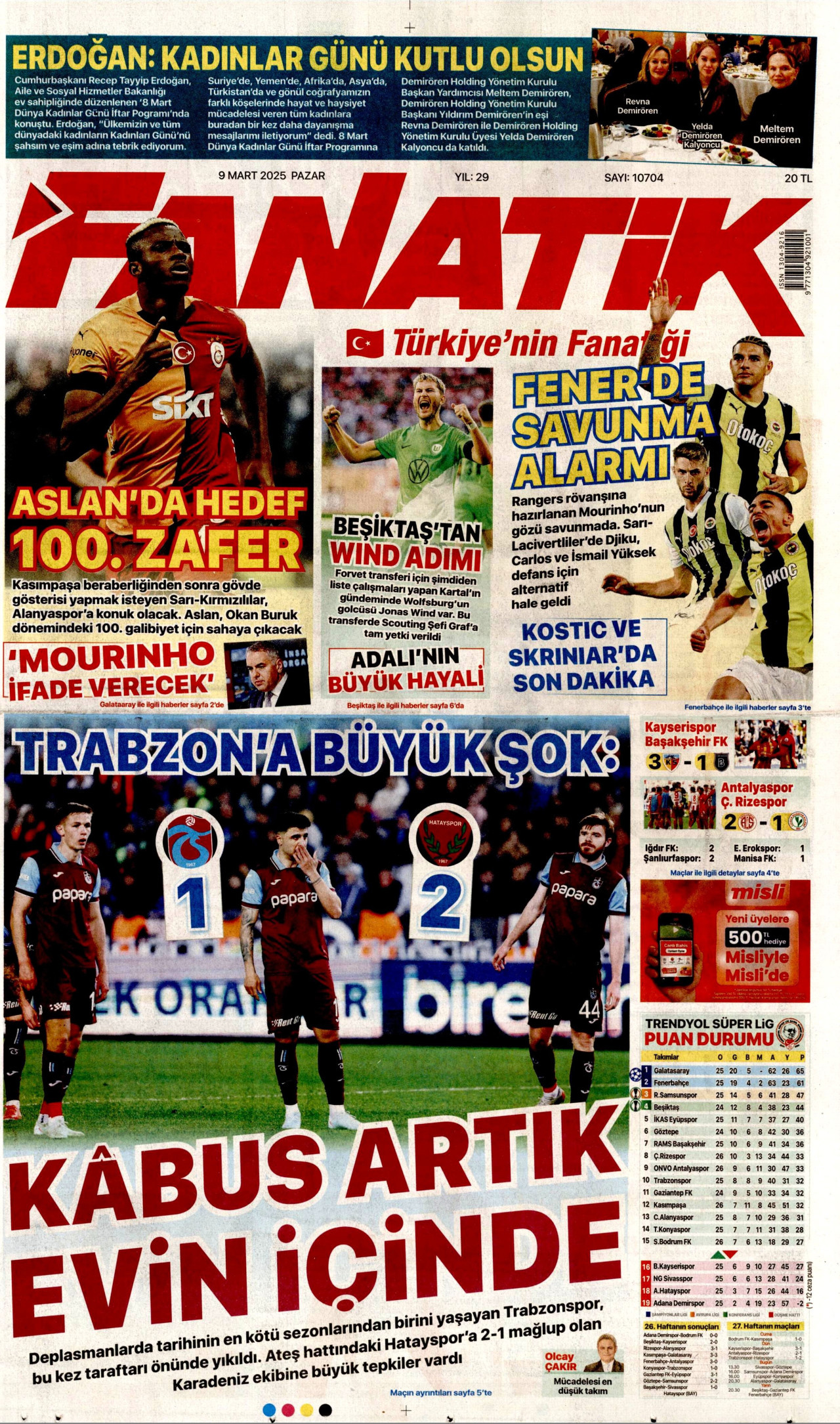 FANATİK gazetesinin 9 Mart 2025 tarihli birinci sayfası
