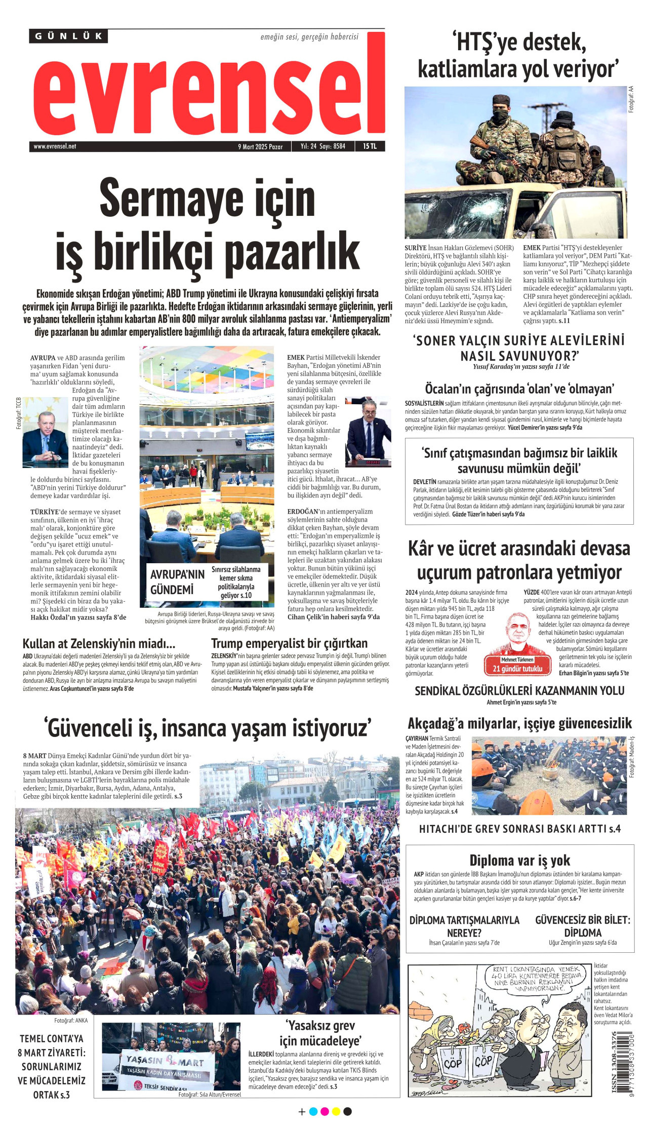 EVRENSEL gazetesinin 9 Mart 2025 tarihli birinci sayfası