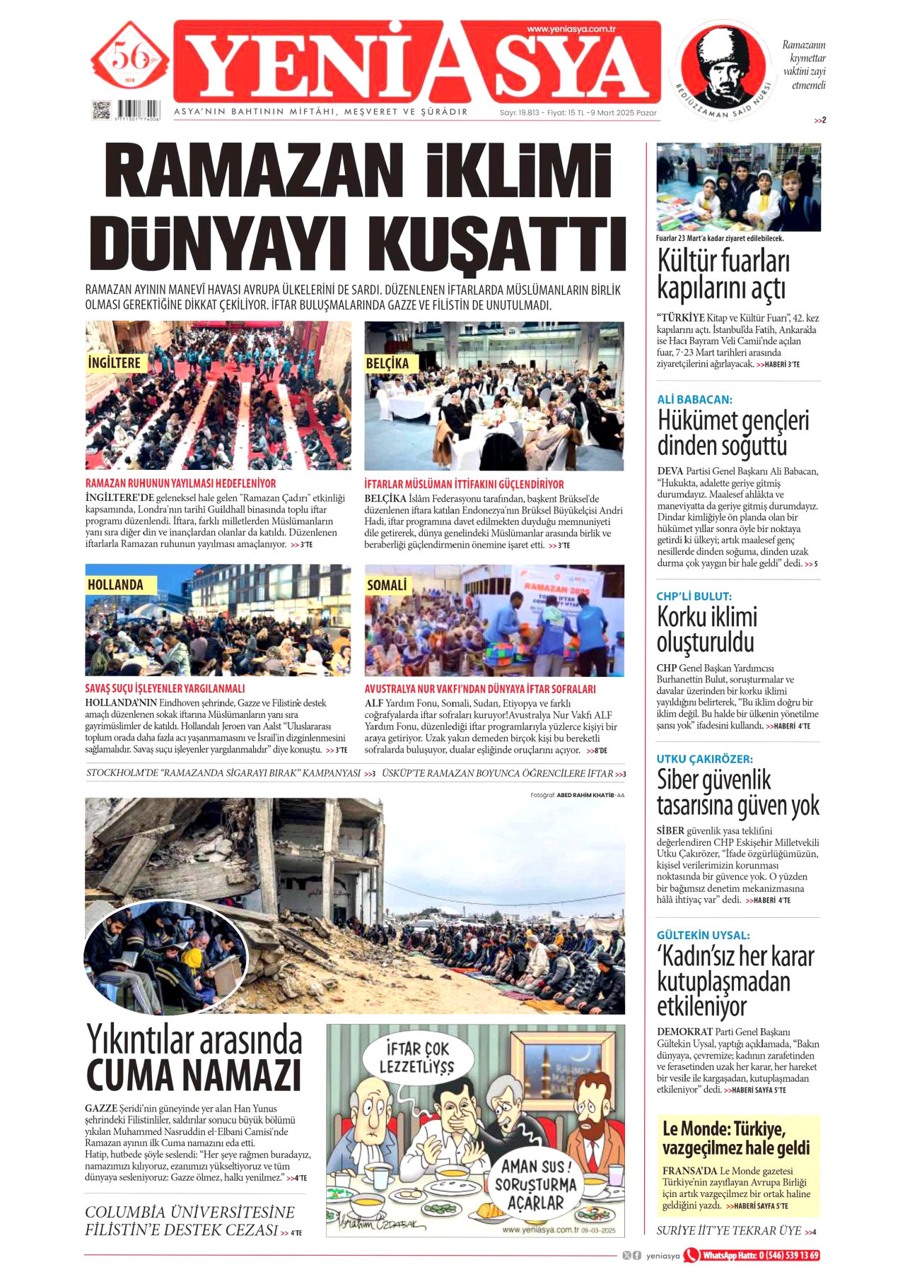 YENİ ASYA gazetesinin 9 Mart 2025 tarihli birinci sayfası