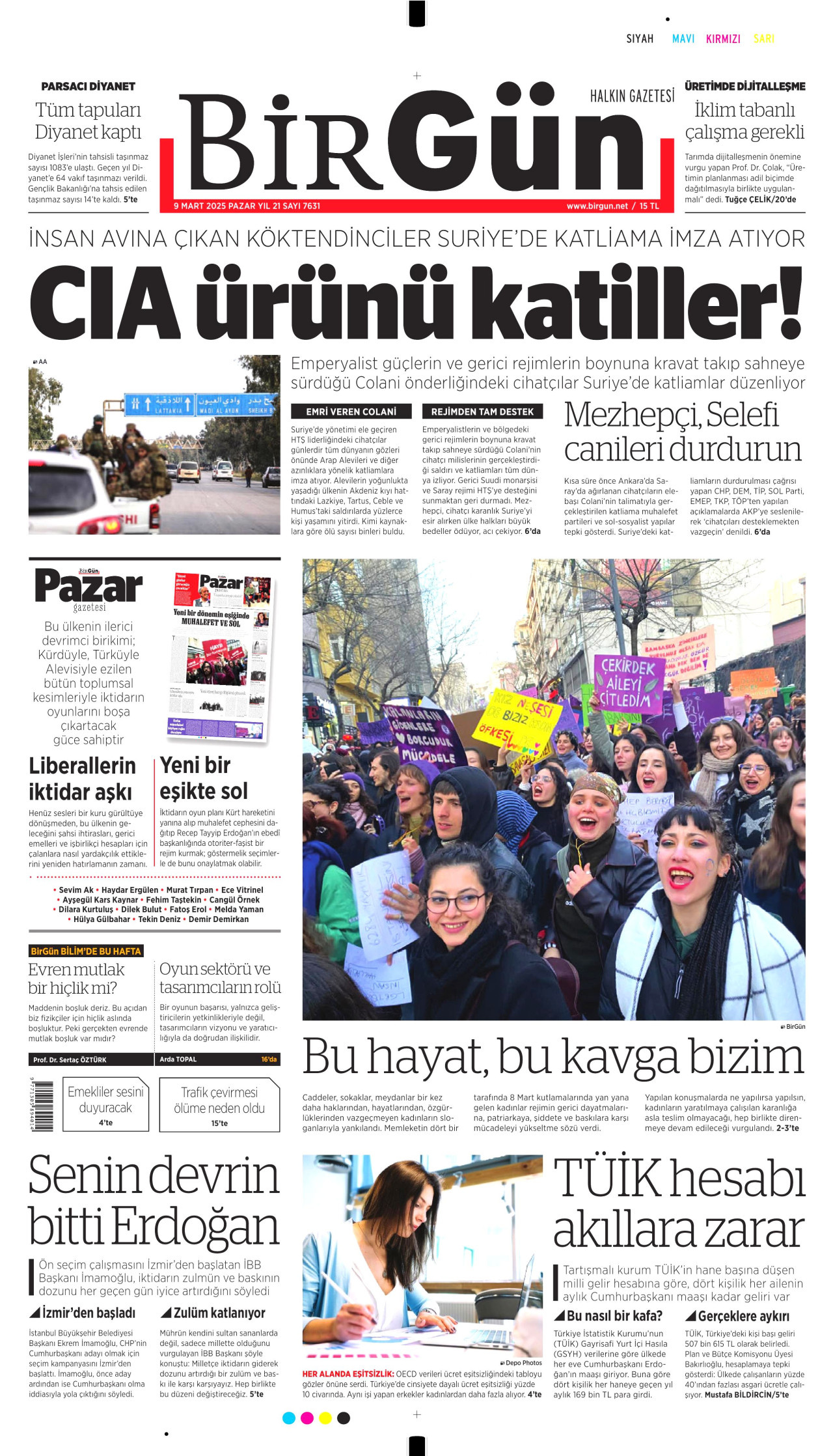 BİRGÜN gazetesinin 9 Mart 2025 tarihli birinci sayfası