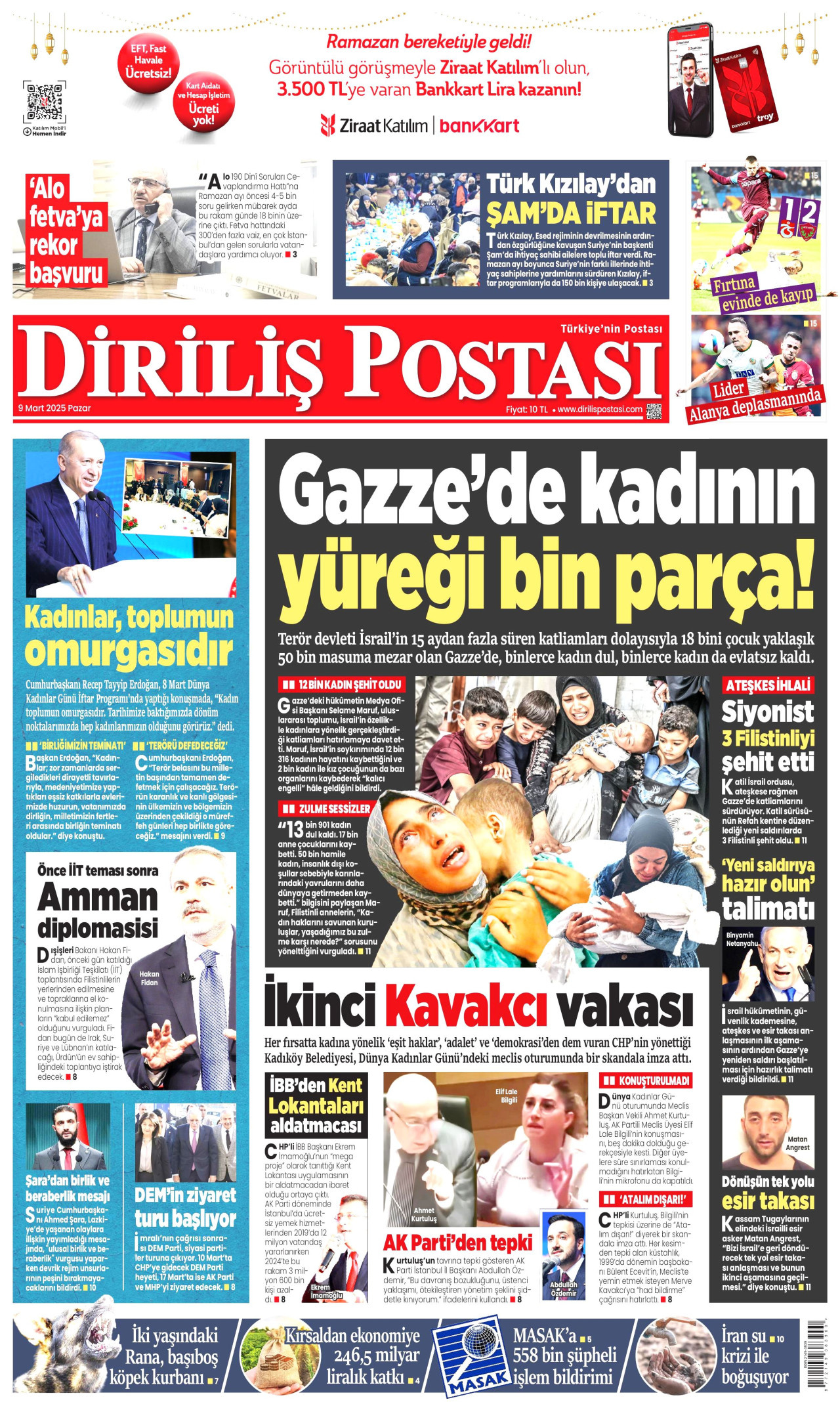 DİRİLİŞ POSTASI gazetesinin 9 Mart 2025 tarihli birinci sayfası