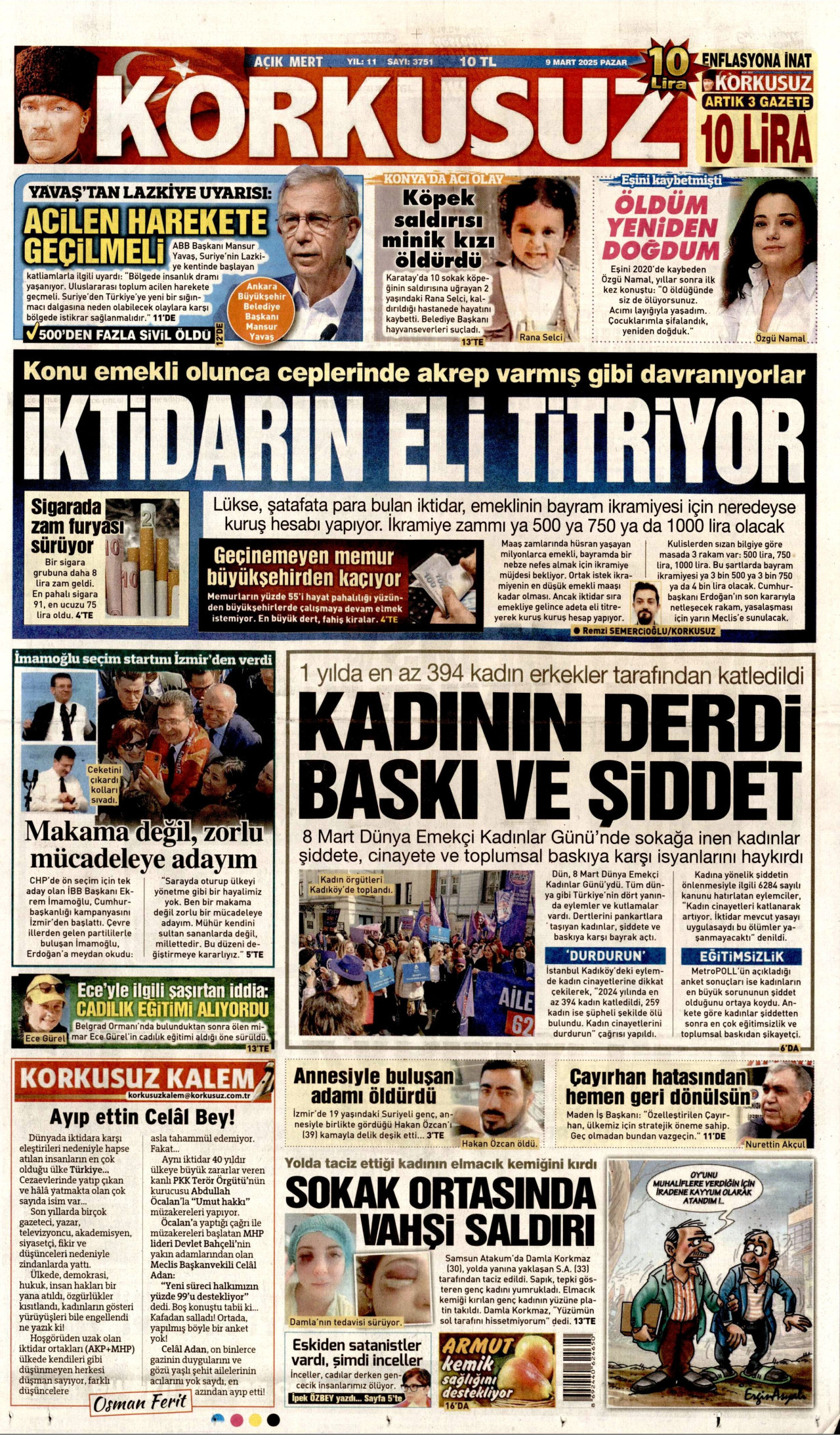 KORKUSUZ gazetesinin 9 Mart 2025 tarihli birinci sayfası