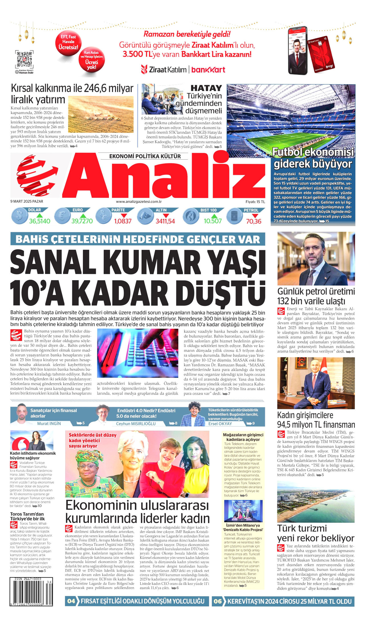 ANALİZ gazetesinin 9 Mart 2025 tarihli birinci sayfası