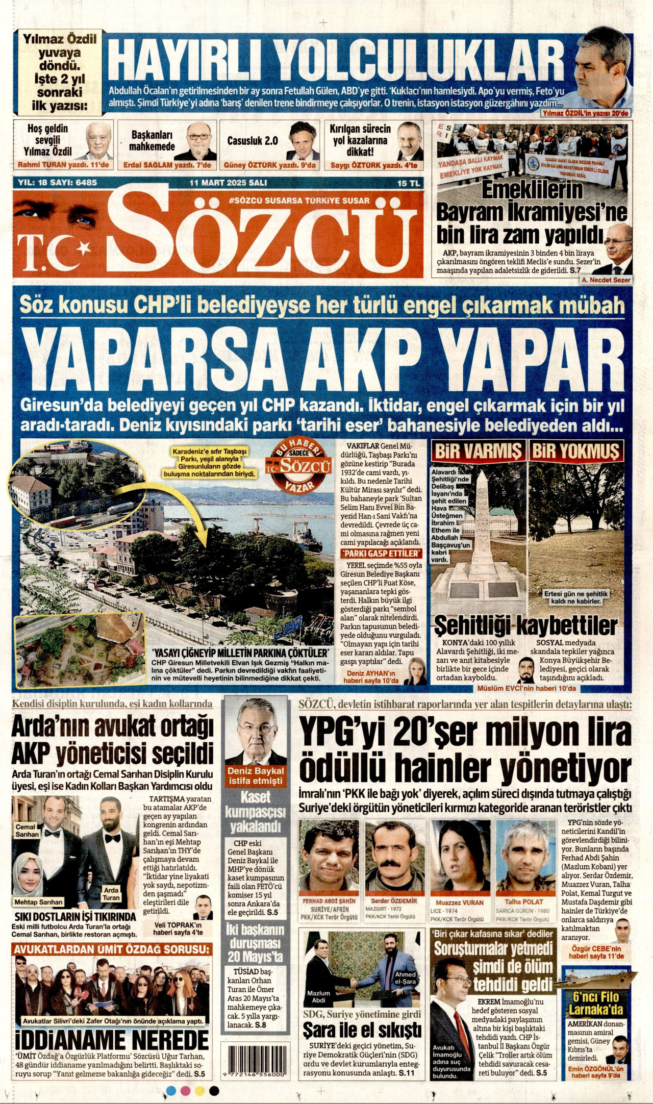 SÖZCÜ gazetesinin 11 Mart 2025 tarihli birinci sayfası