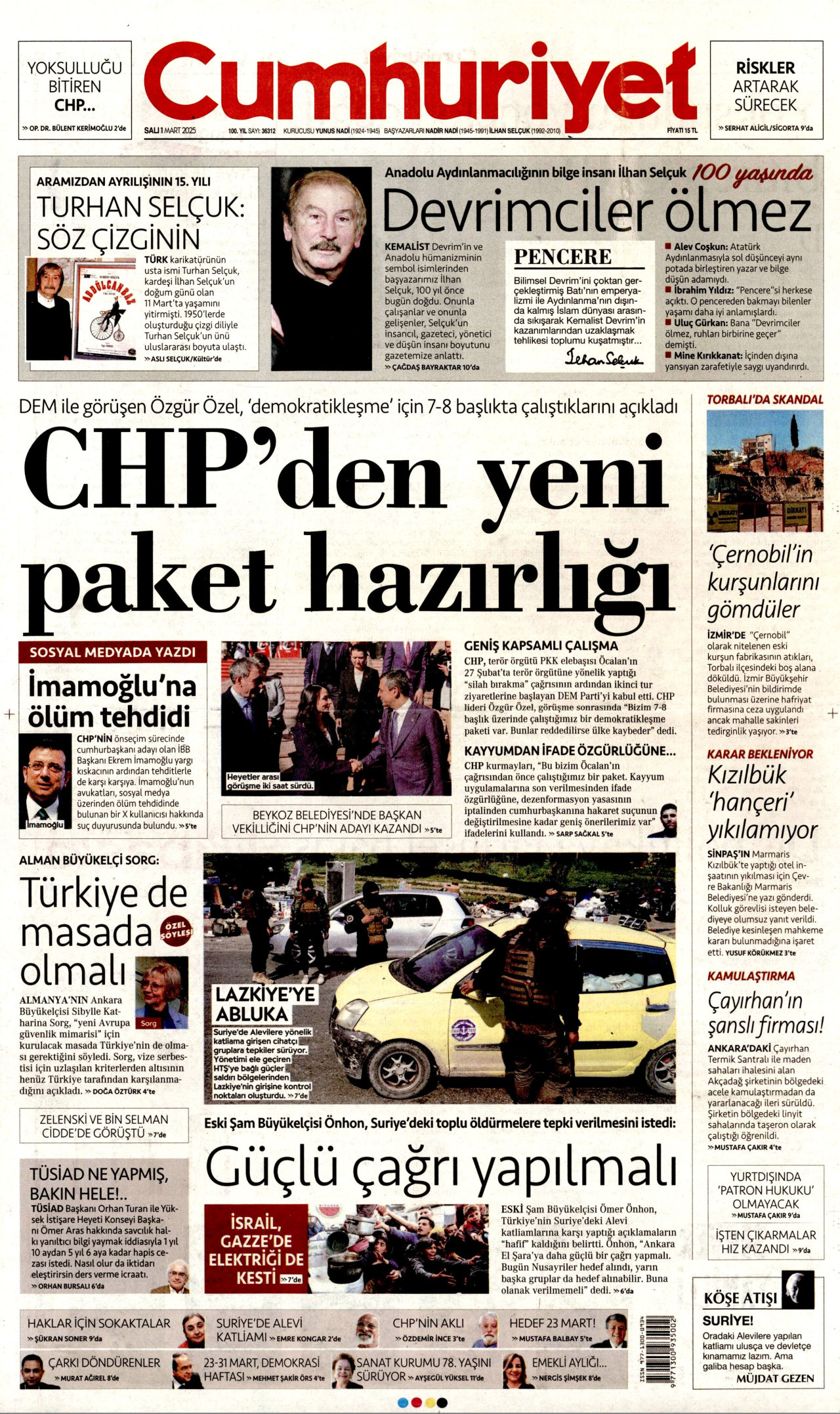 CUMHURİYET gazetesinin 11 Mart 2025 tarihli birinci sayfası