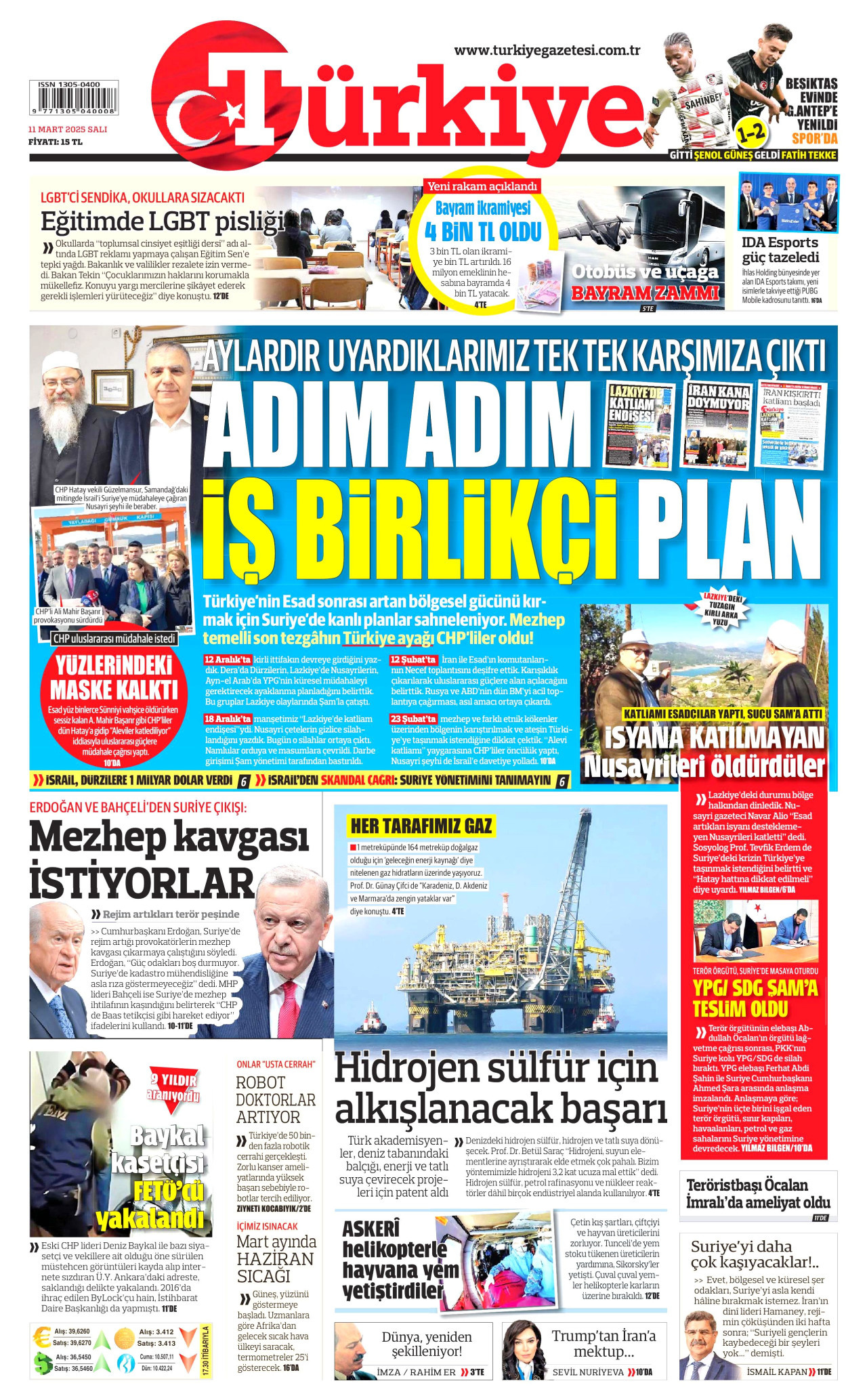 TÜRKİYE GAZETESİ gazetesinin 11 Mart 2025 tarihli birinci sayfası
