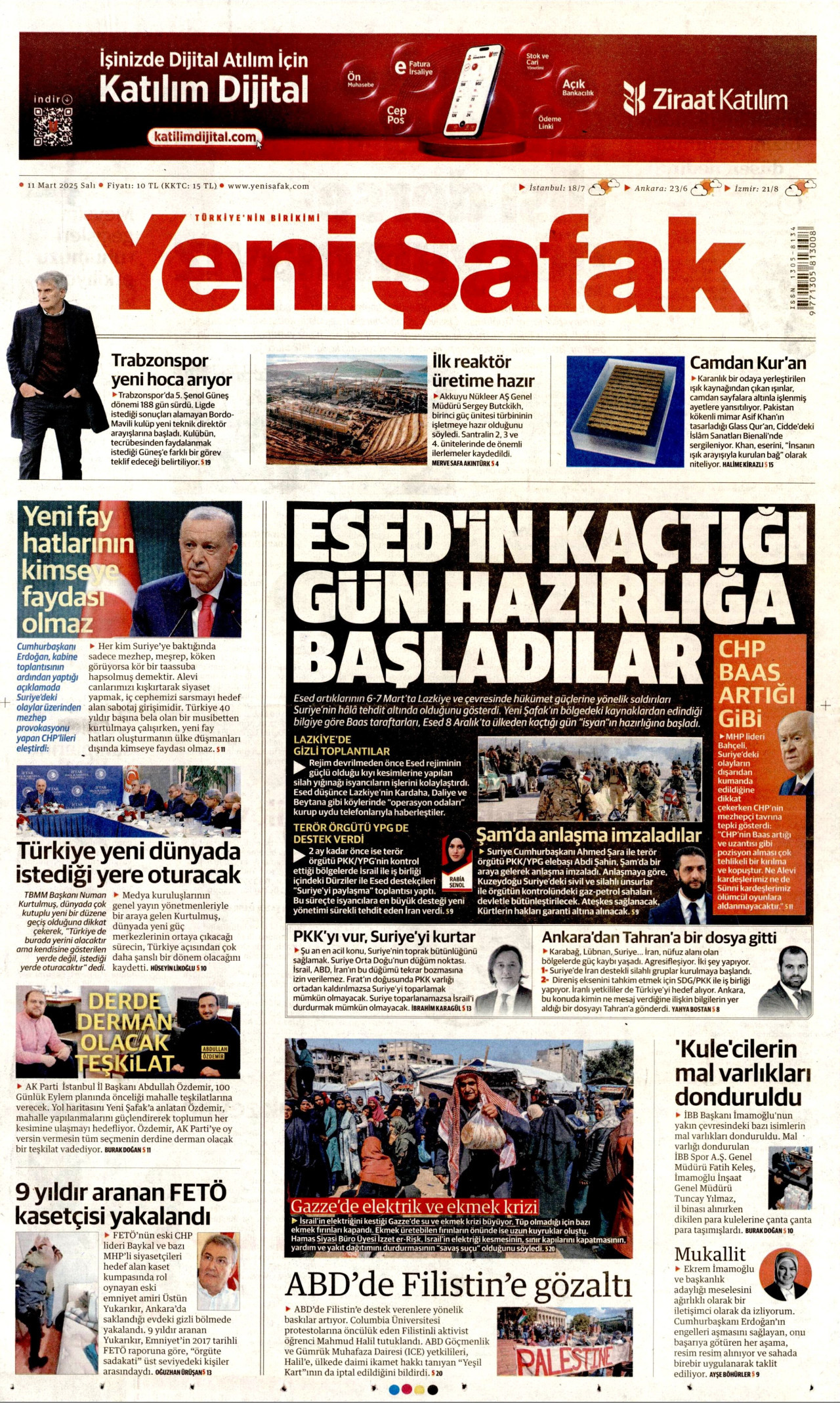 YENİ ŞAFAK gazetesinin 11 Mart 2025 tarihli birinci sayfası