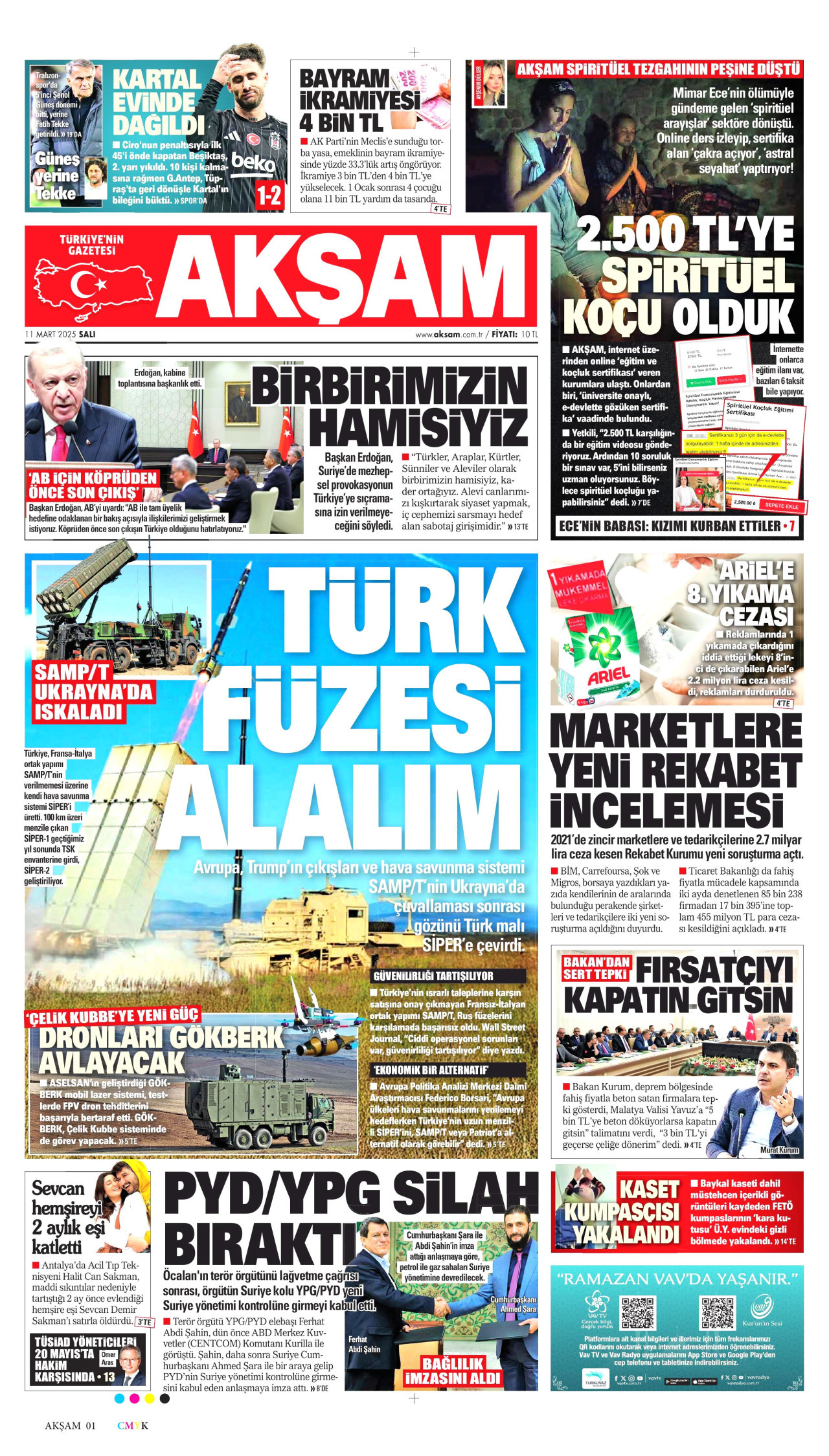 AKŞAM gazetesinin 11 Mart 2025 tarihli birinci sayfası