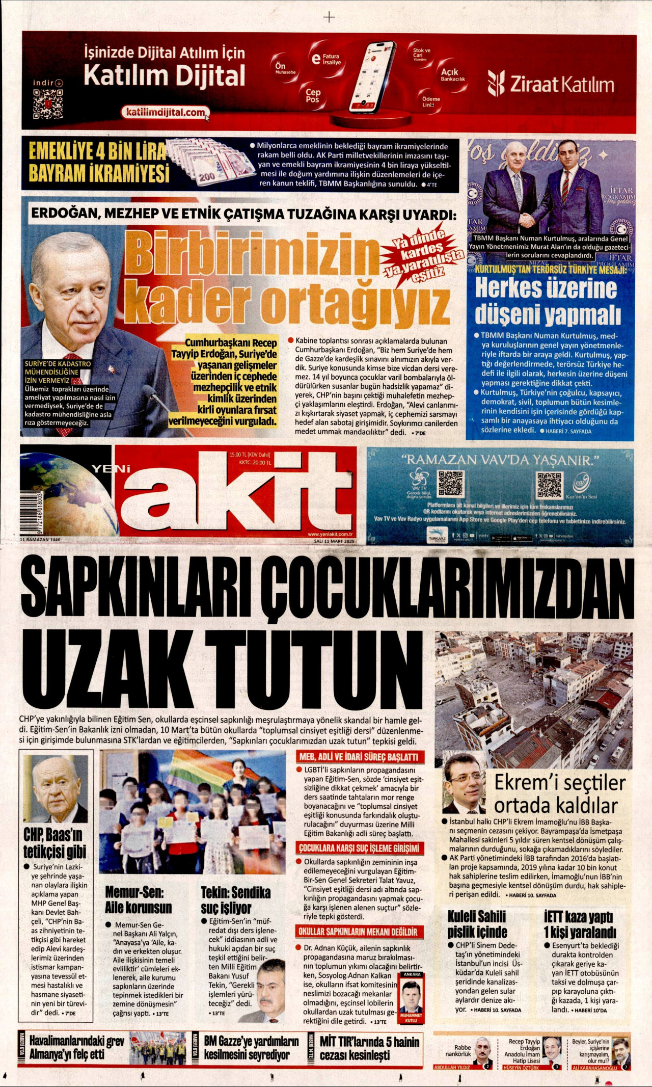 YENİ AKİT gazetesinin 11 Mart 2025 tarihli birinci sayfası