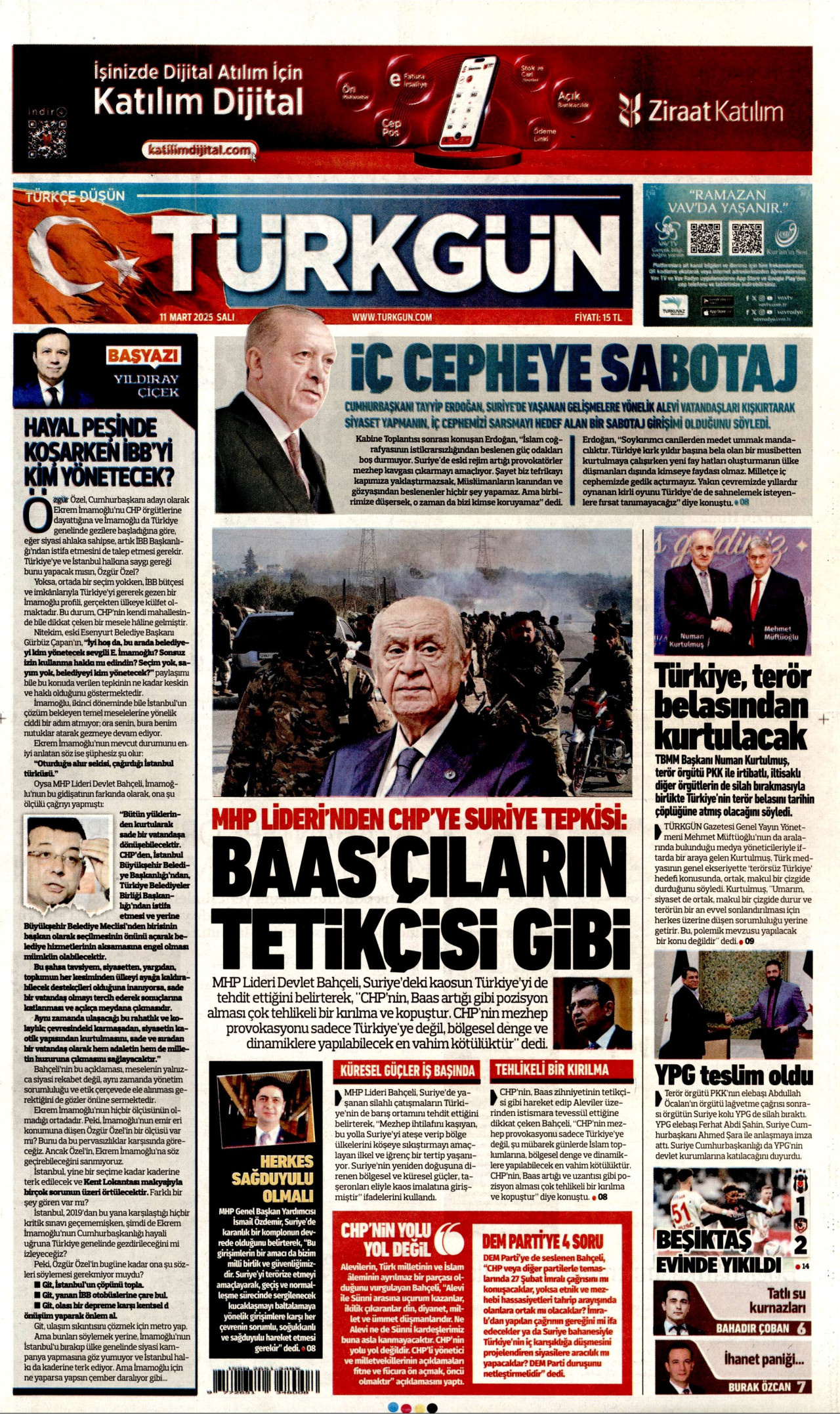 TÜRKGÜN gazetesinin 11 Mart 2025 tarihli birinci sayfası