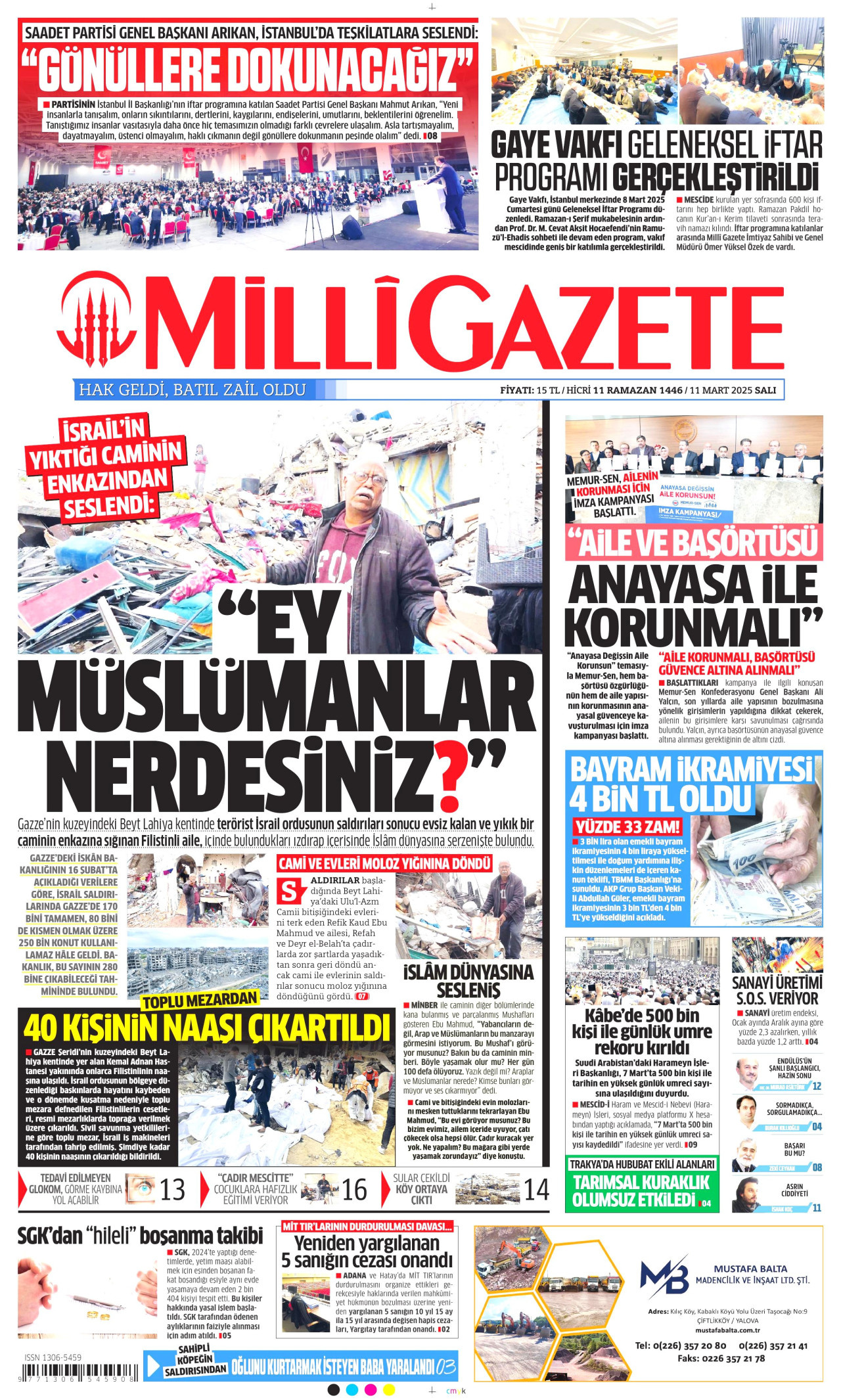 MİLLİ GAZETE gazetesinin 11 Mart 2025 tarihli birinci sayfası
