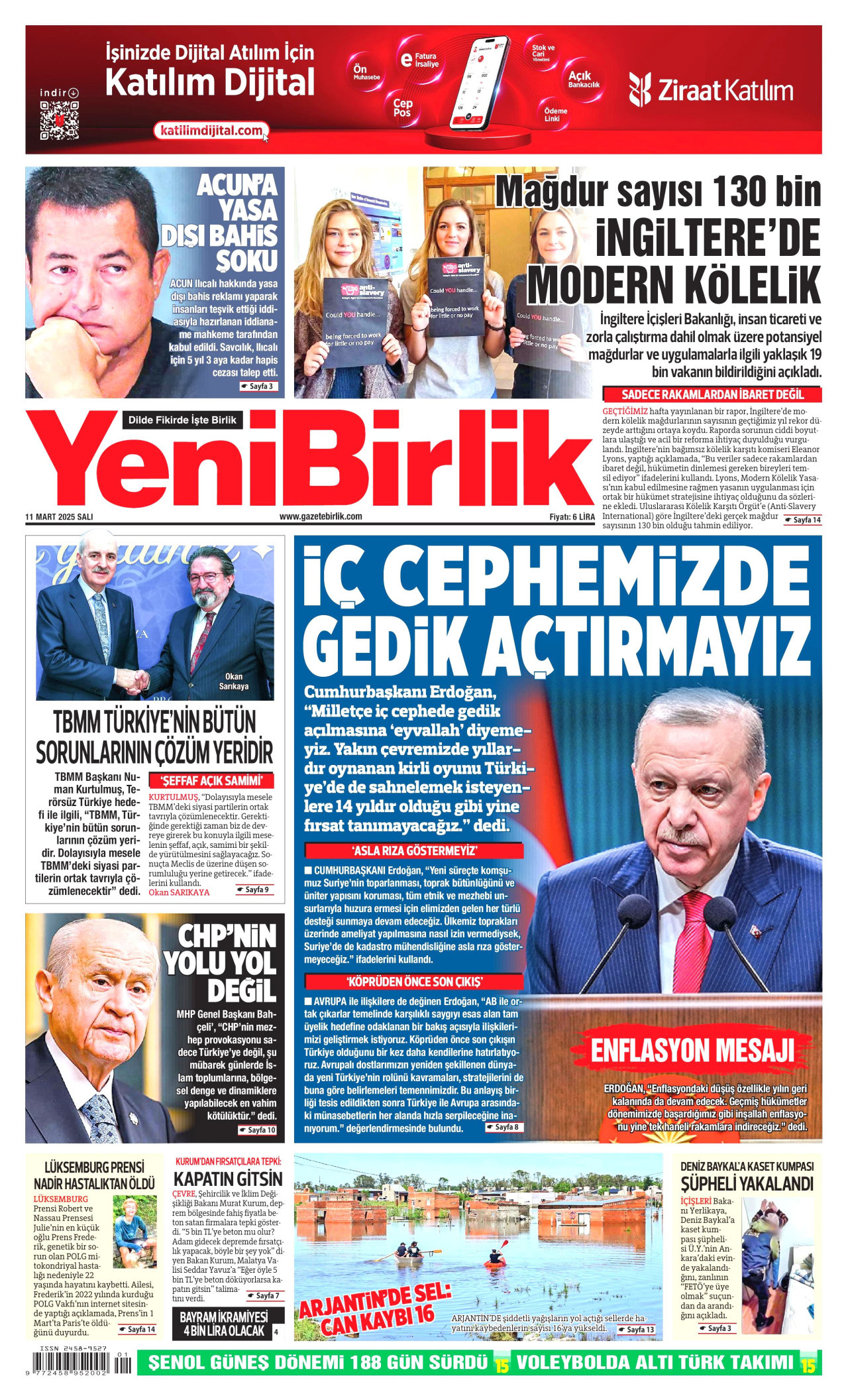 YENİBİRLİK gazetesinin 11 Mart 2025 tarihli birinci sayfası