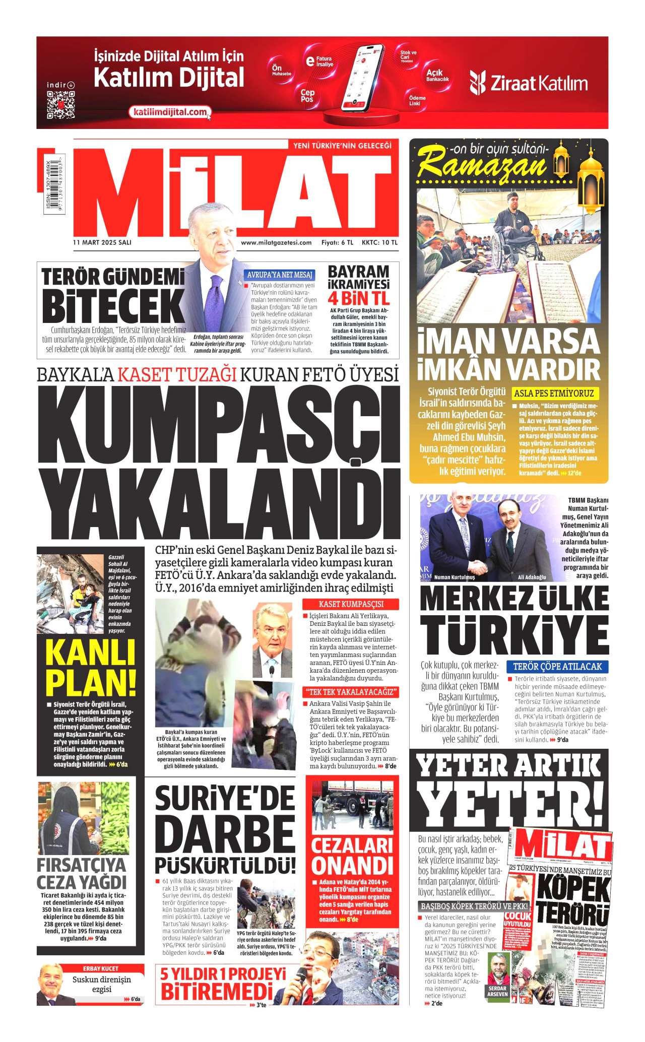 MİLAT gazetesinin 11 Mart 2025 tarihli birinci sayfası