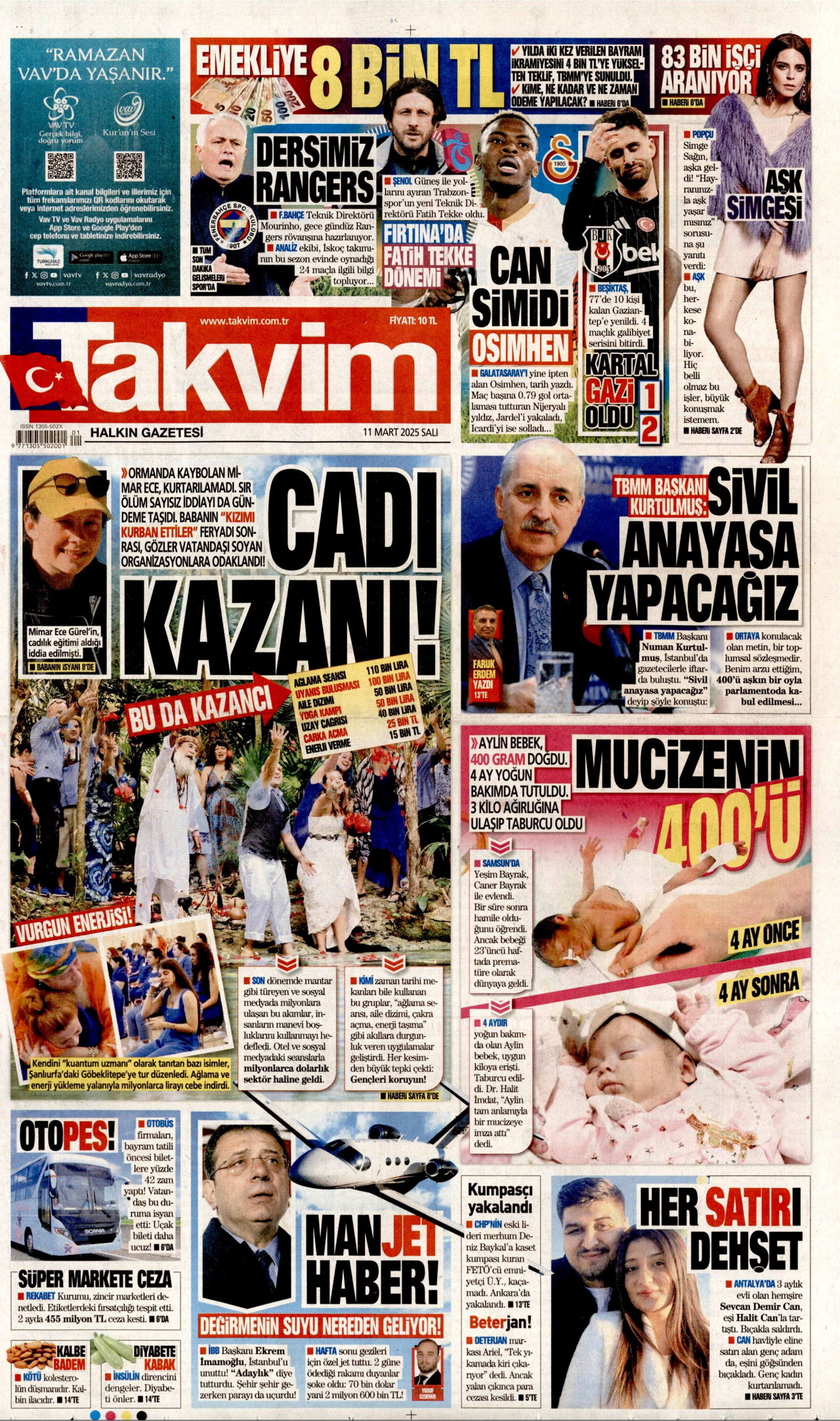 TAKVİM gazetesinin 11 Mart 2025 tarihli birinci sayfası