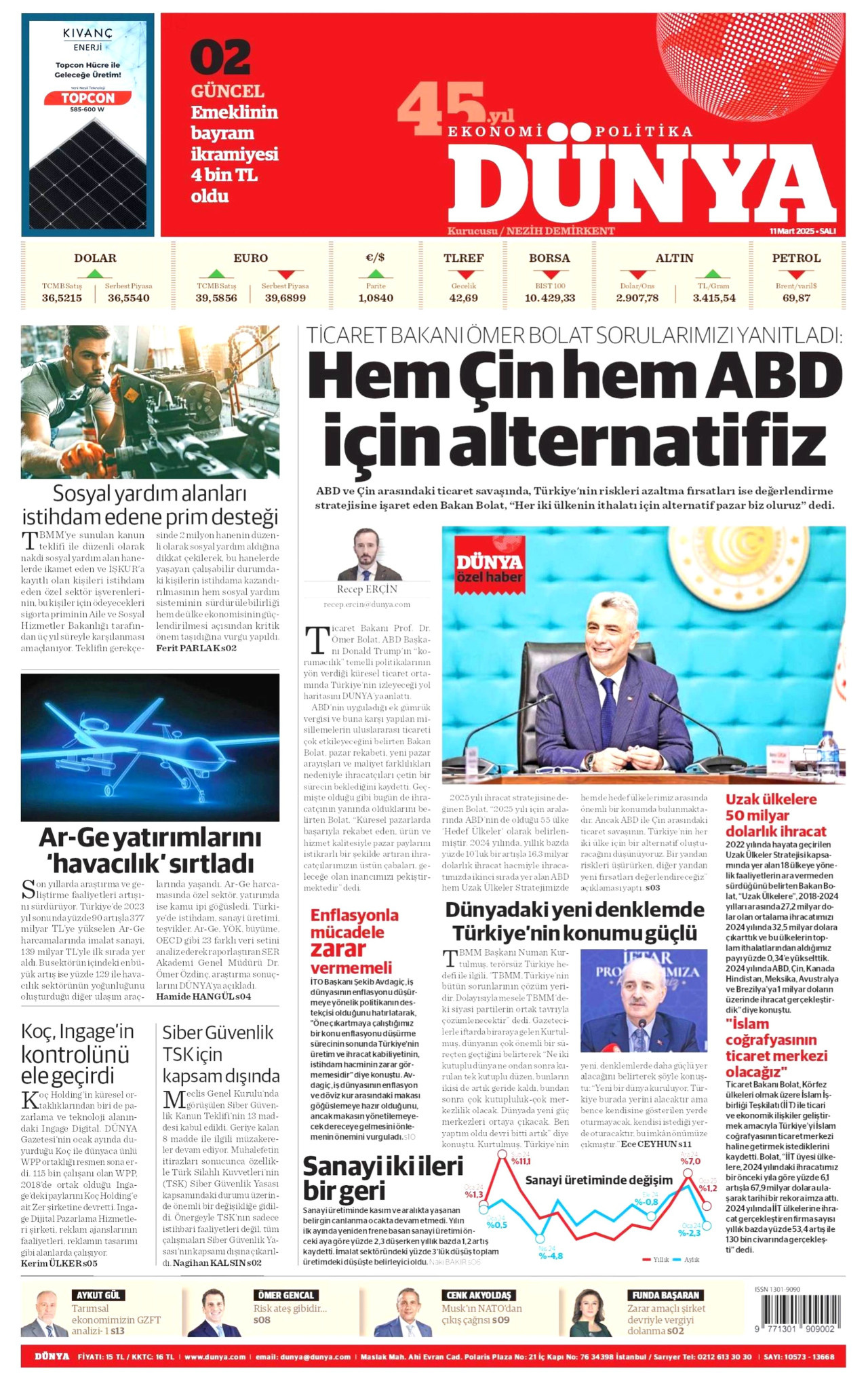 DÜNYA gazetesinin 11 Mart 2025 tarihli birinci sayfası
