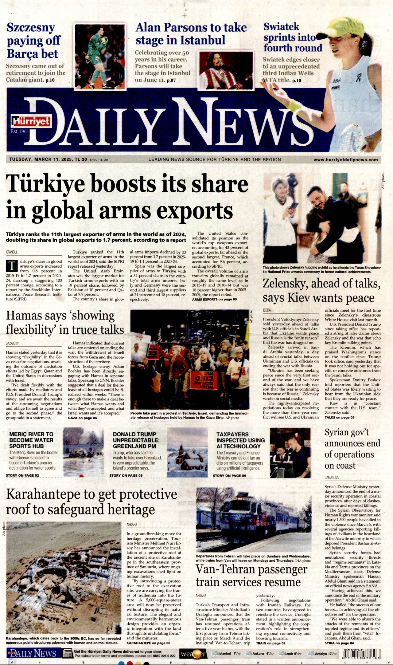 HÜRRİYET DAİLY NEWS gazetesinin 11 Mart 2025 tarihli birinci sayfası