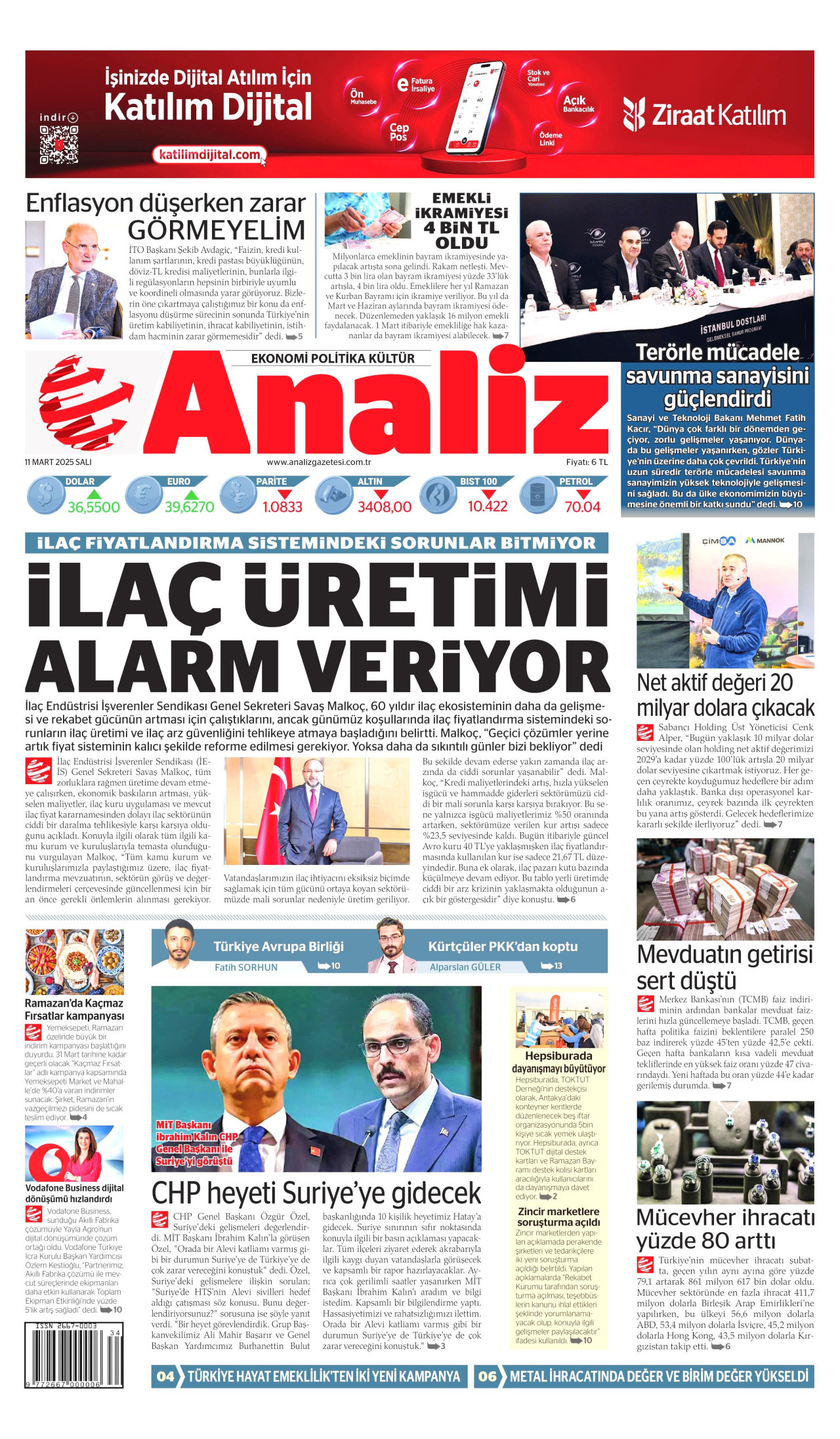 ANALİZ gazetesinin 11 Mart 2025 tarihli birinci sayfası
