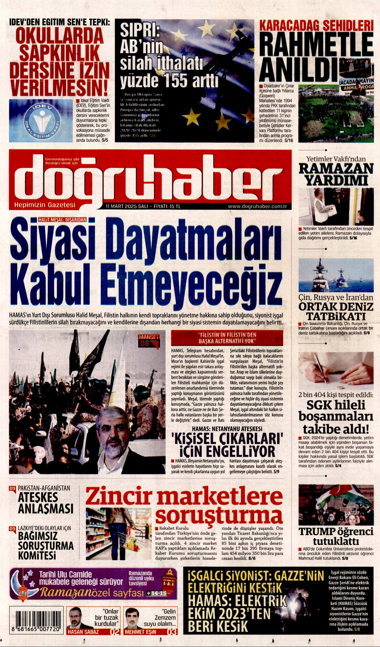 DOĞRU HABER gazetesinin 11 Mart 2025 tarihli birinci sayfası