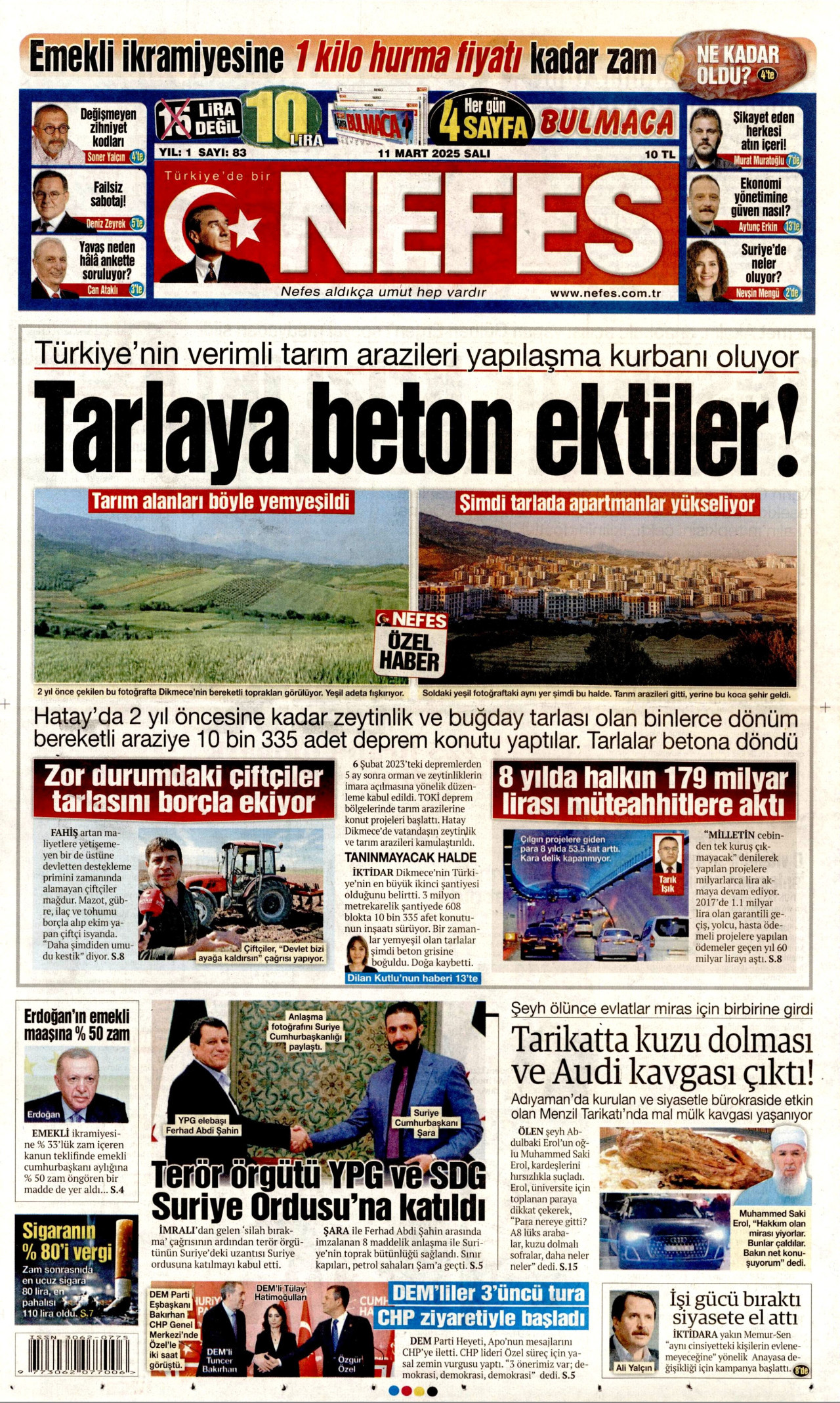 NEFES gazetesinin 11 Mart 2025 tarihli birinci sayfası