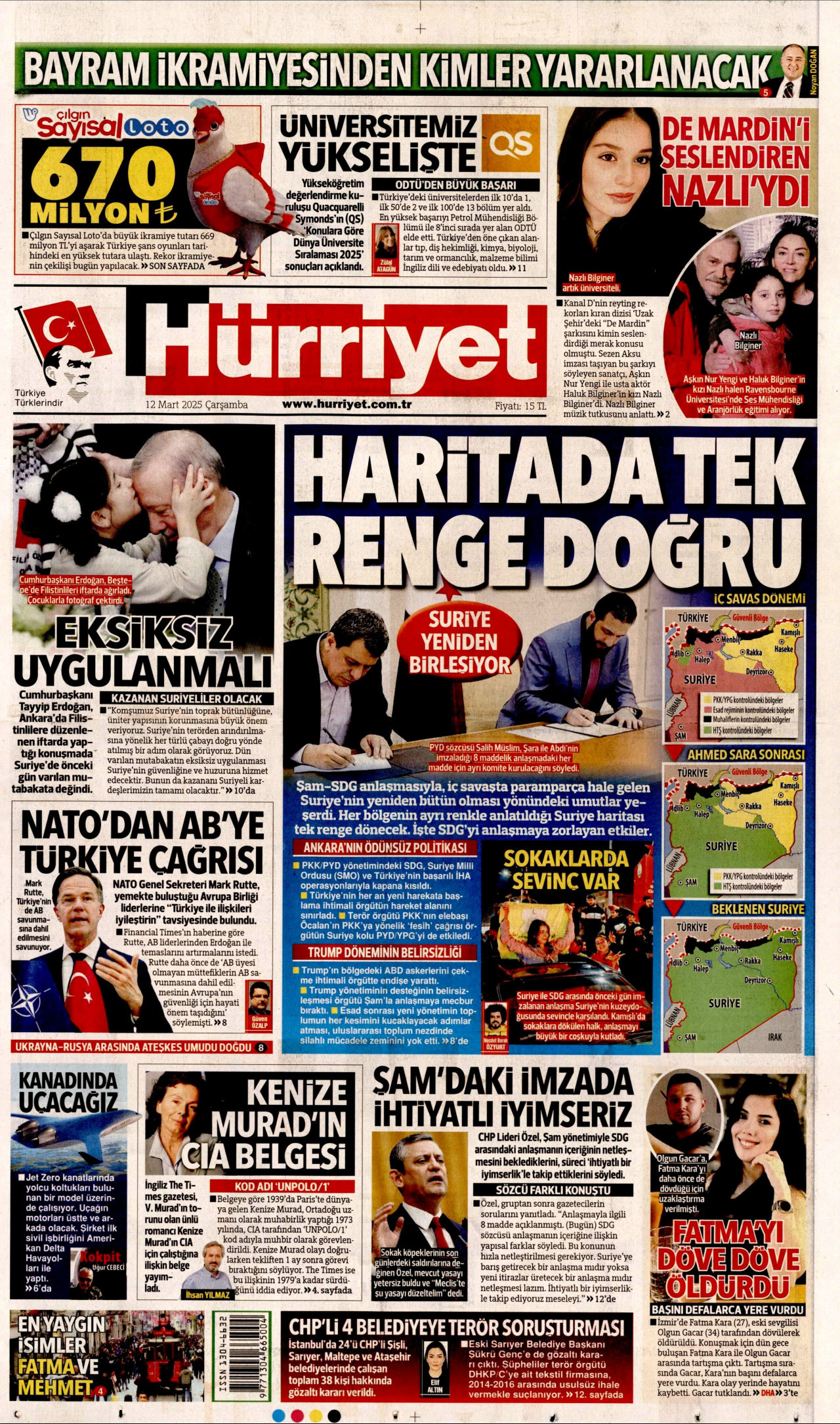 HÜRRİYET gazetesinin 12 Mart 2025 tarihli birinci sayfası