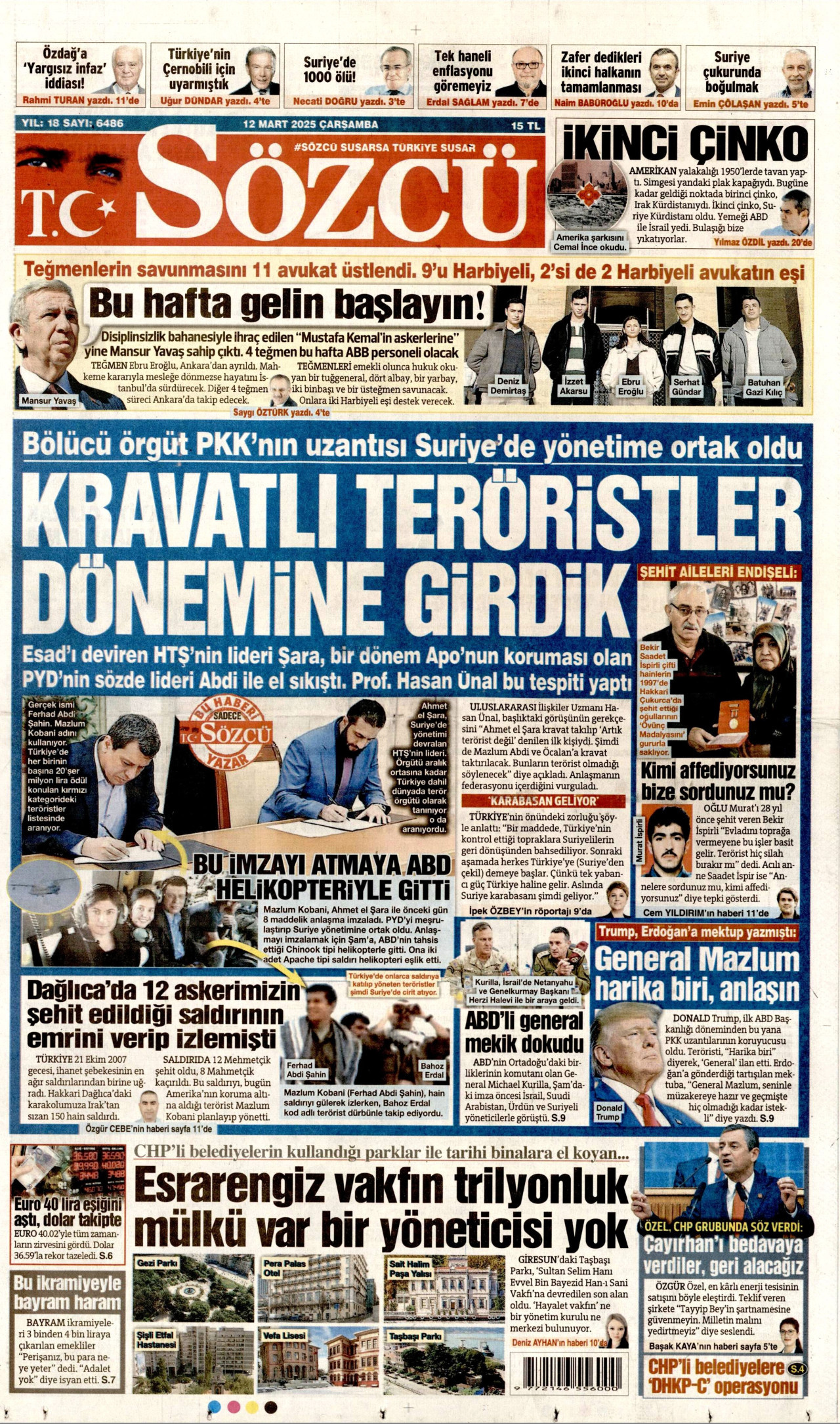 SÖZCÜ gazetesinin 12 Mart 2025 tarihli birinci sayfası